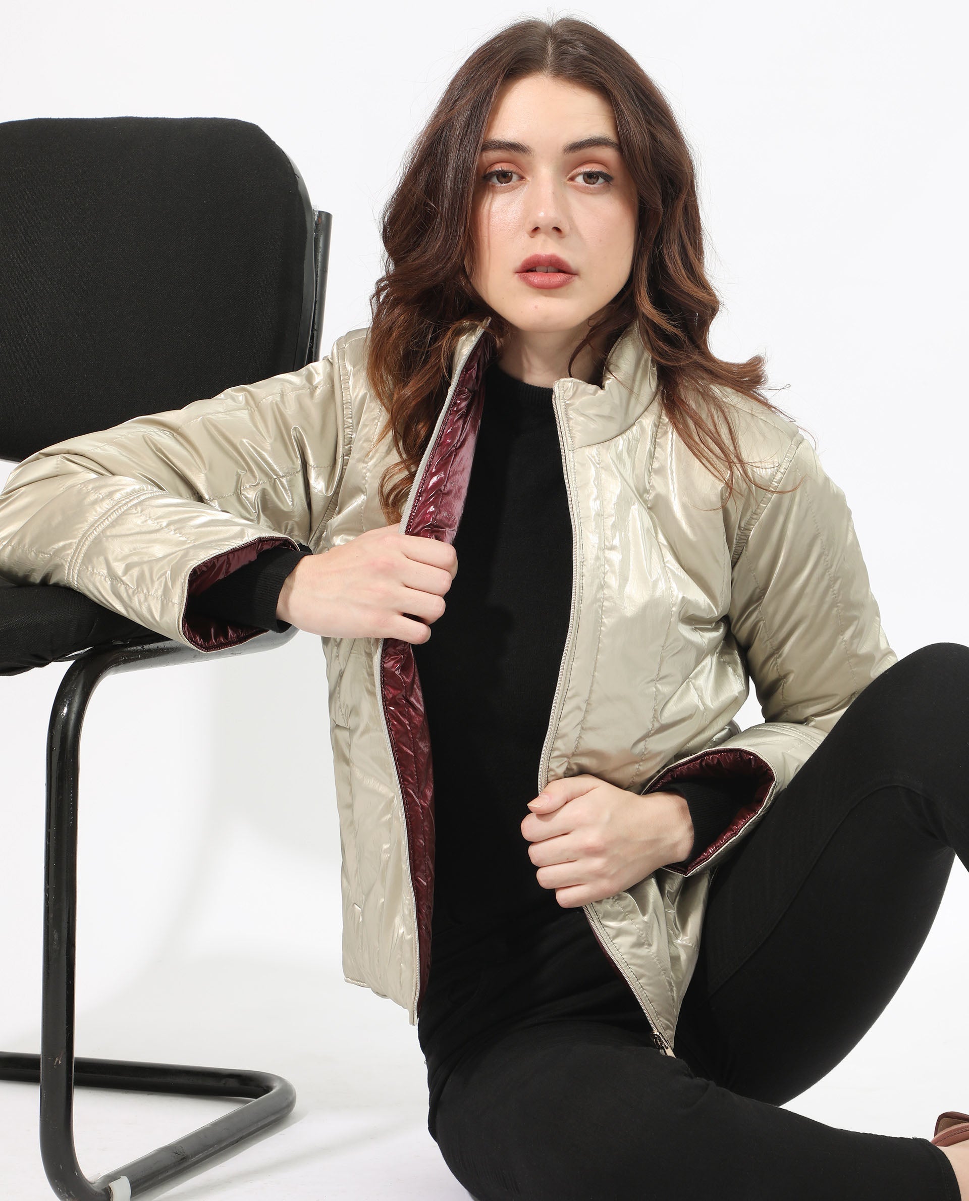 Rareism Women Stein Gold Polyester Fabric Full Sleeves Solid Mandarin Collar Jacket