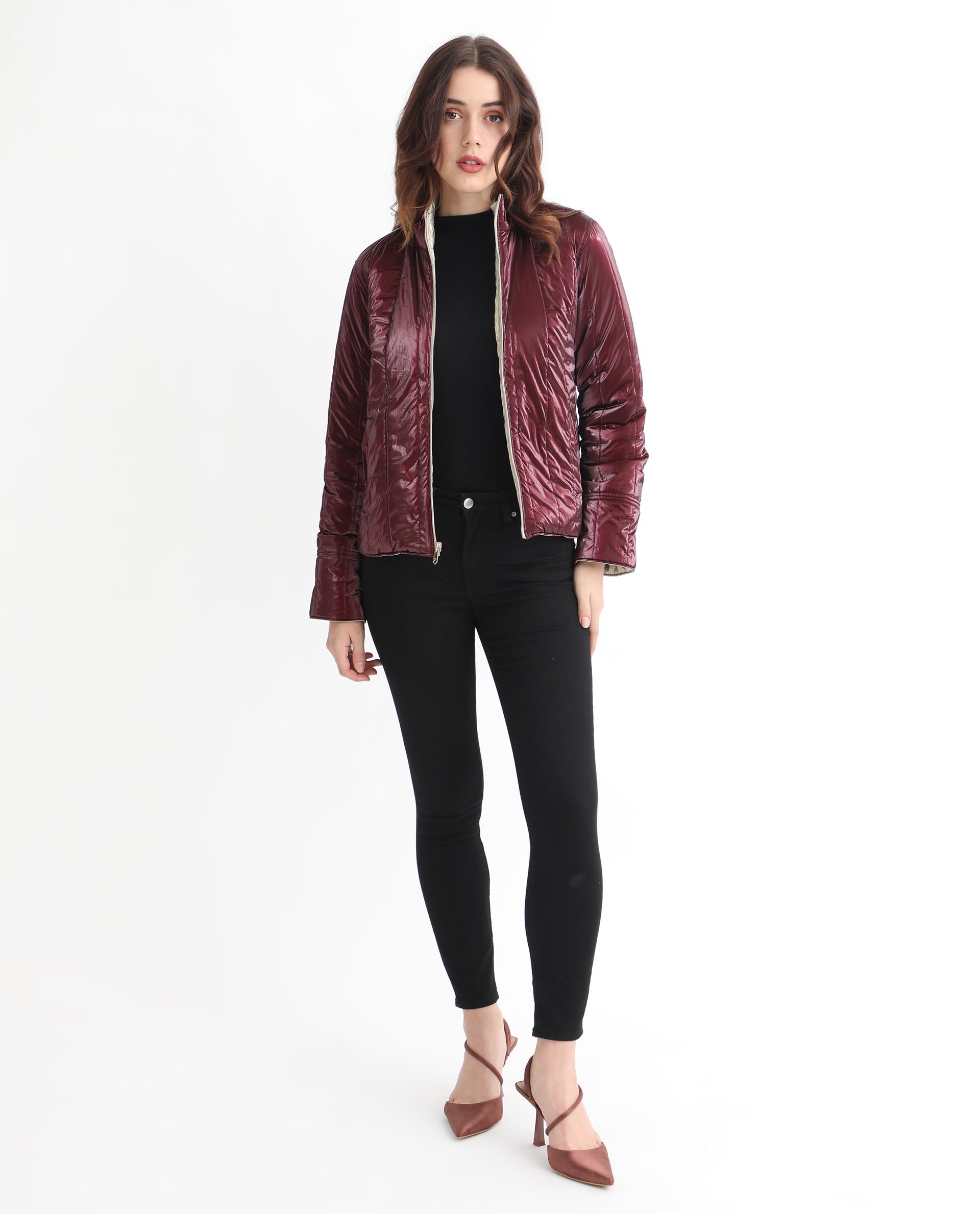 Rareism Women Stein Gold Polyester Fabric Full Sleeves Solid Mandarin Collar Jacket