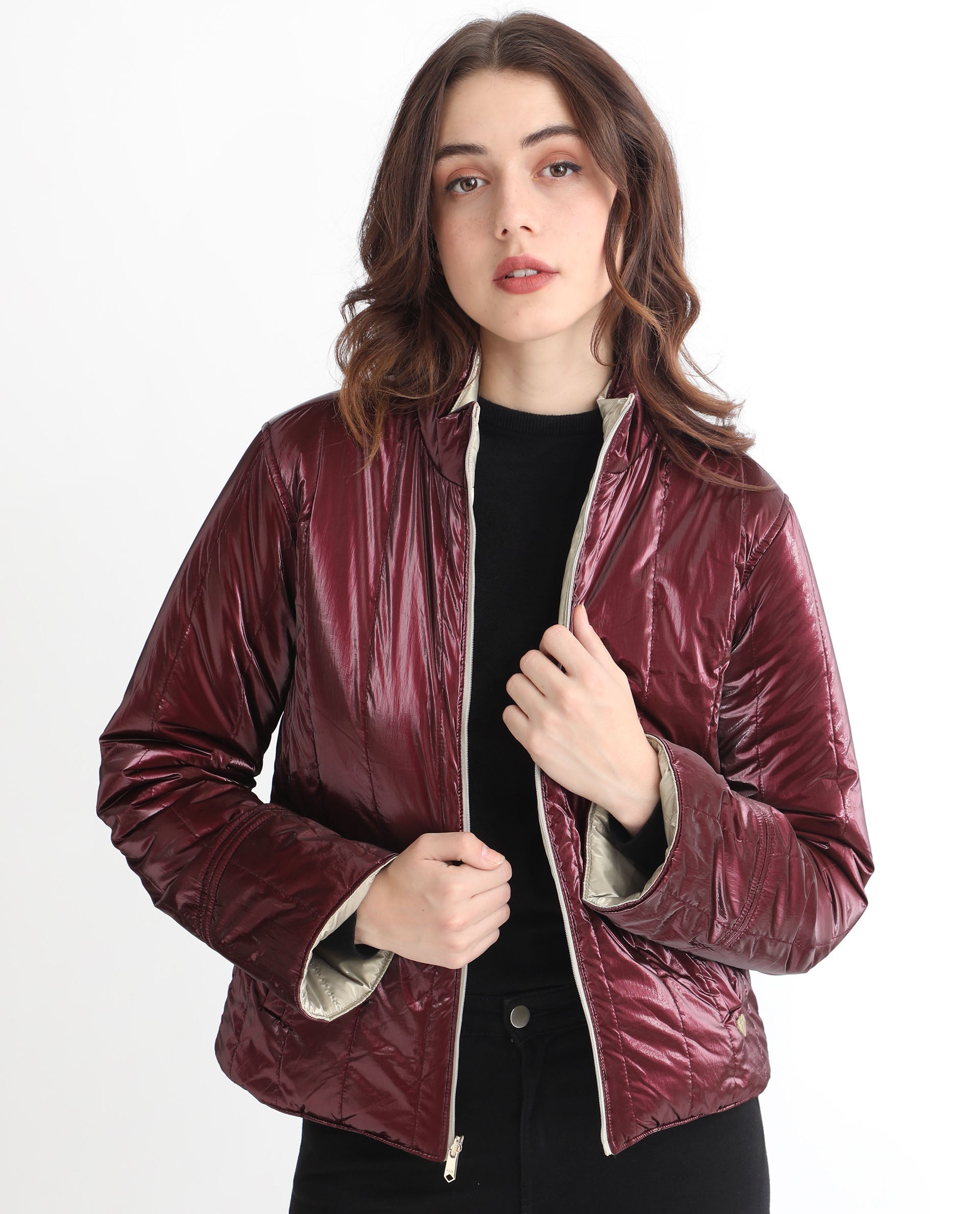 Rareism Women Stein Gold Polyester Fabric Full Sleeves Solid Mandarin Collar Jacket