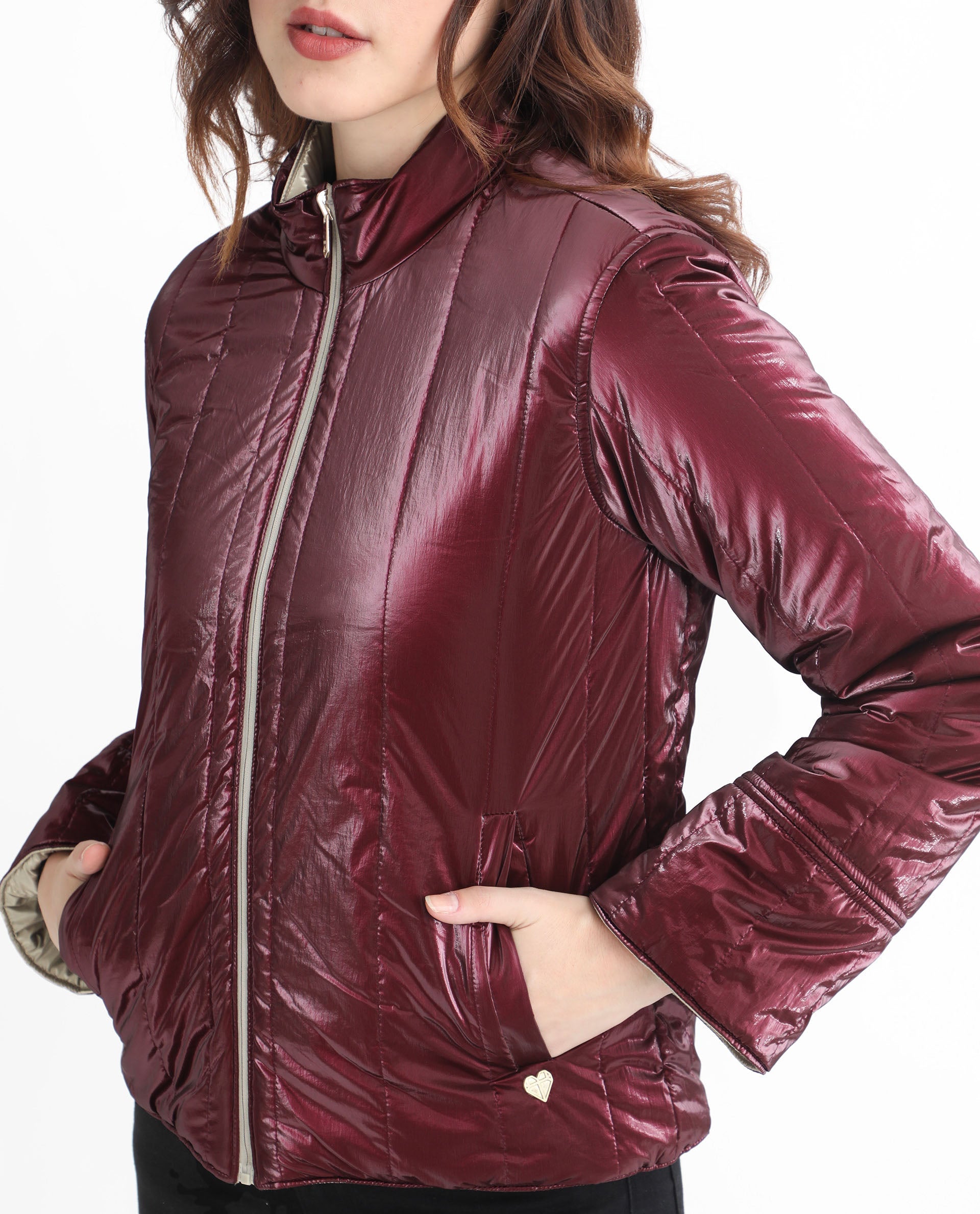 Rareism Women Stein Gold Polyester Fabric Full Sleeves Solid Mandarin Collar Jacket