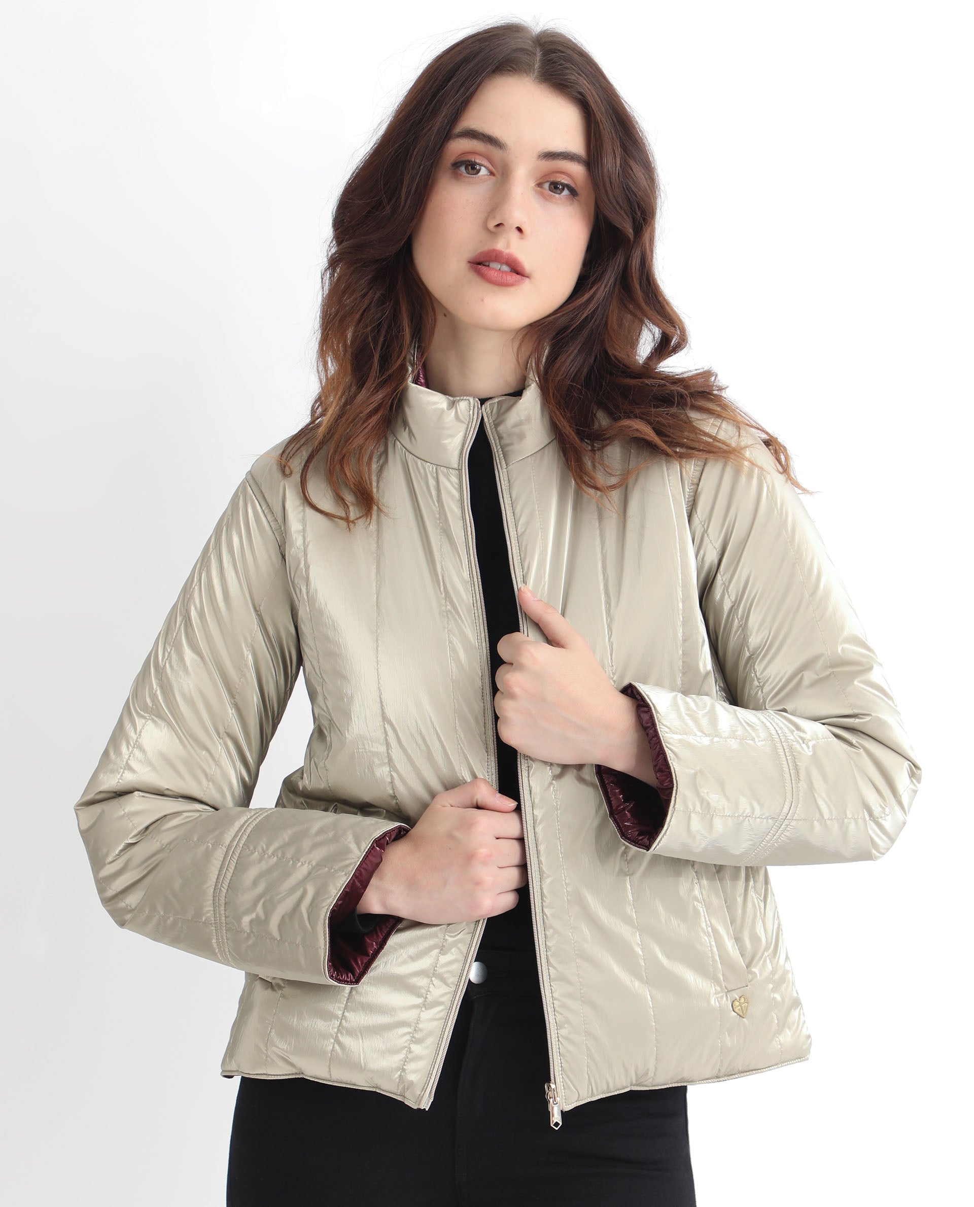 Rareism Women Stein Gold Polyester Fabric Full Sleeves Solid Mandarin Collar Jacket