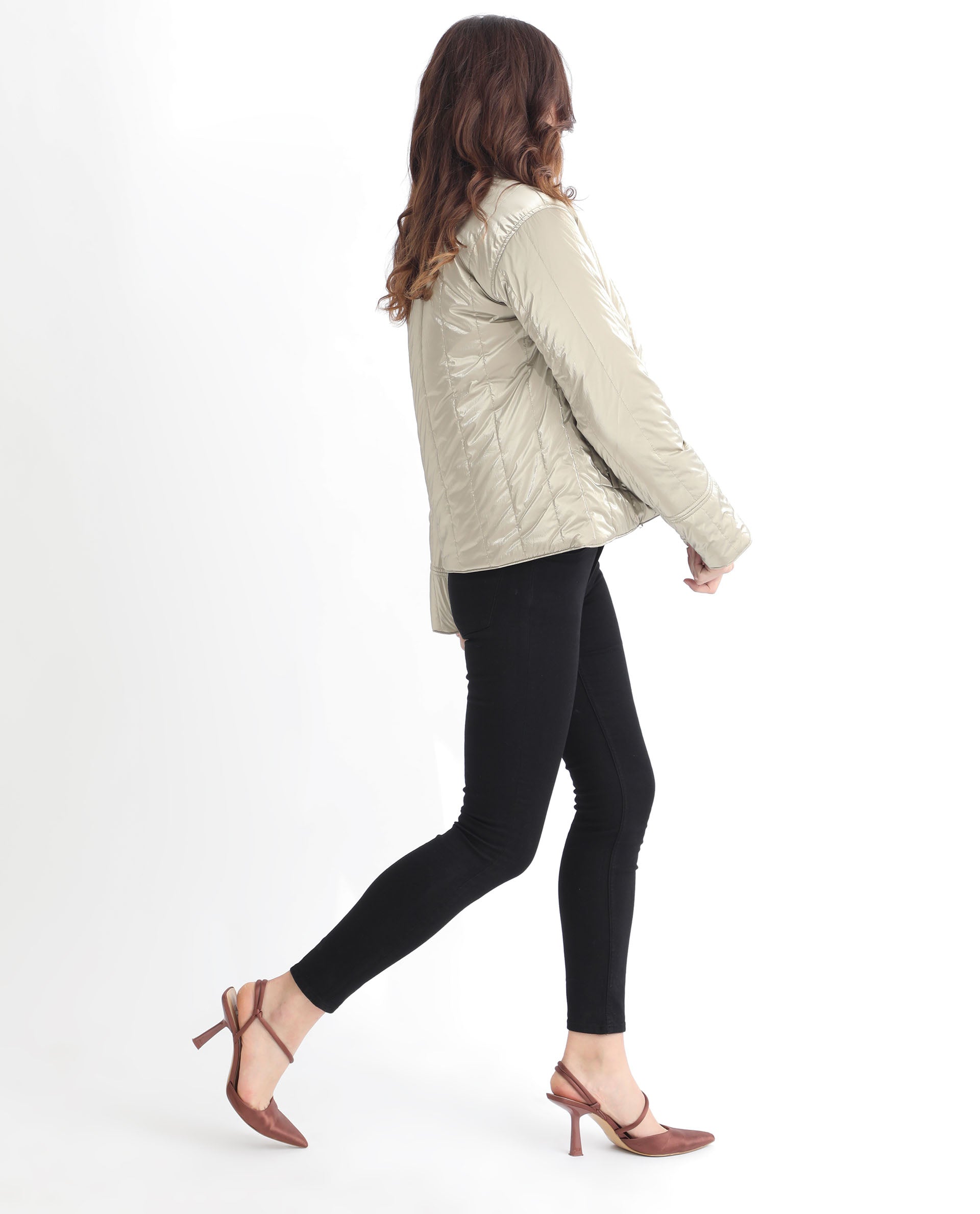 Rareism Women Stein Gold Polyester Fabric Full Sleeves Solid Mandarin Collar Jacket