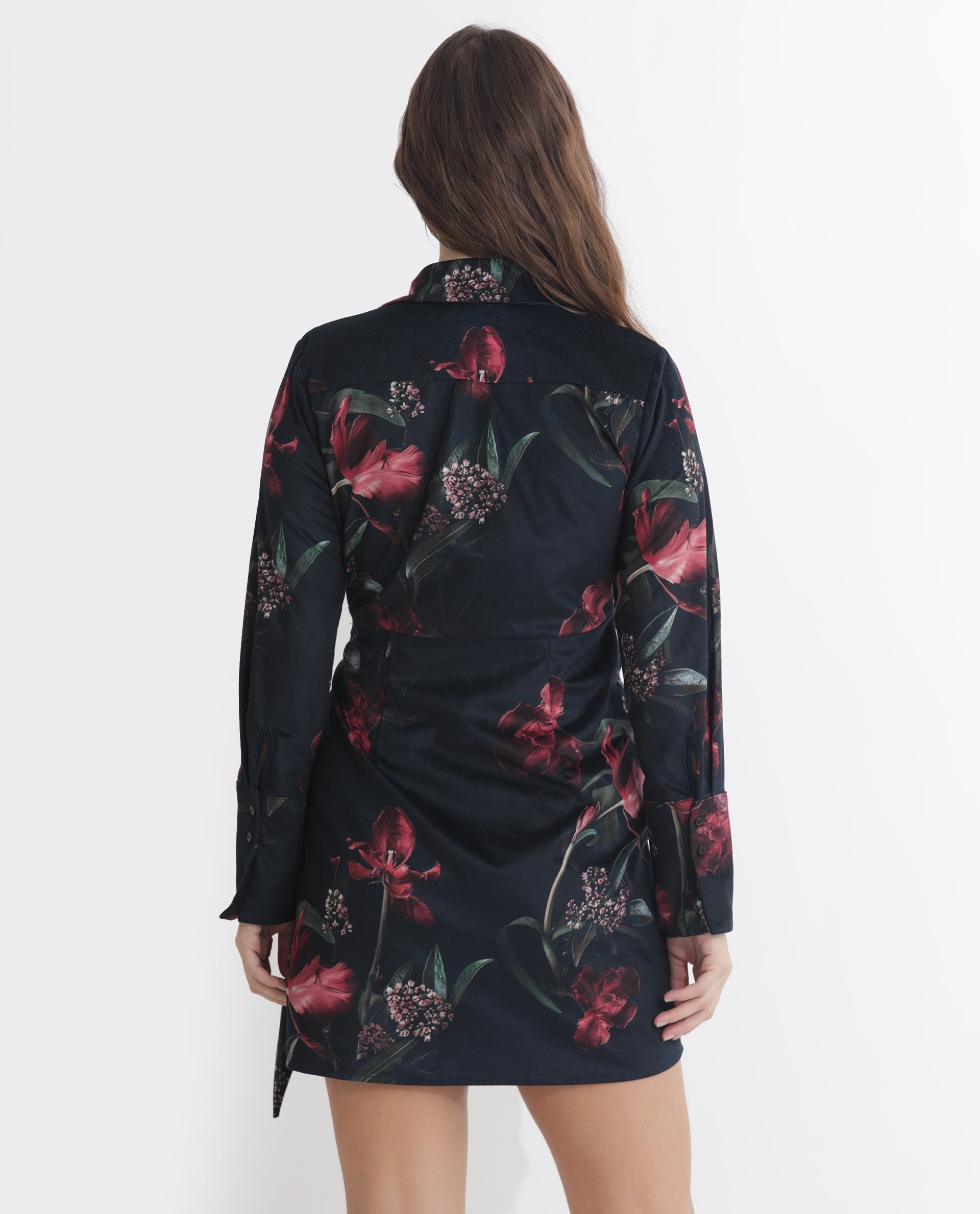 Rareism Women's Starle Black Velvet V-Neck Floral Print Mini Regular Fit Dress
