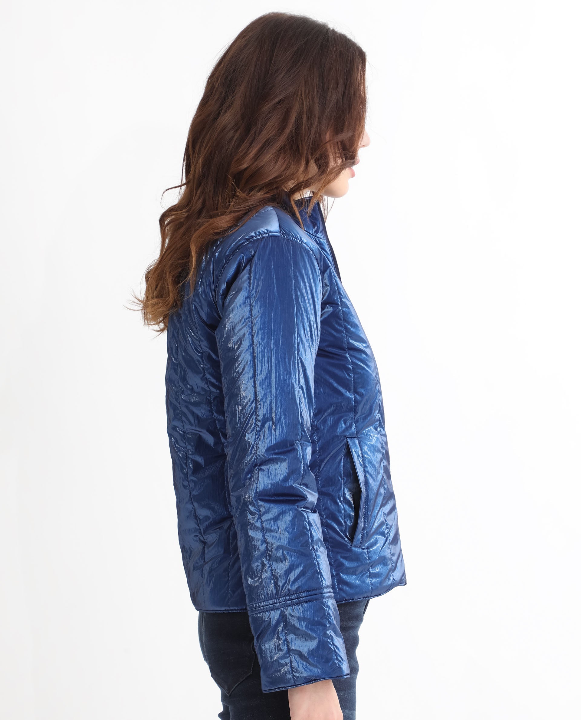 Rareism Women's Stein Navy Polyester Mandarin Collar Plain Regular Fit Jacket