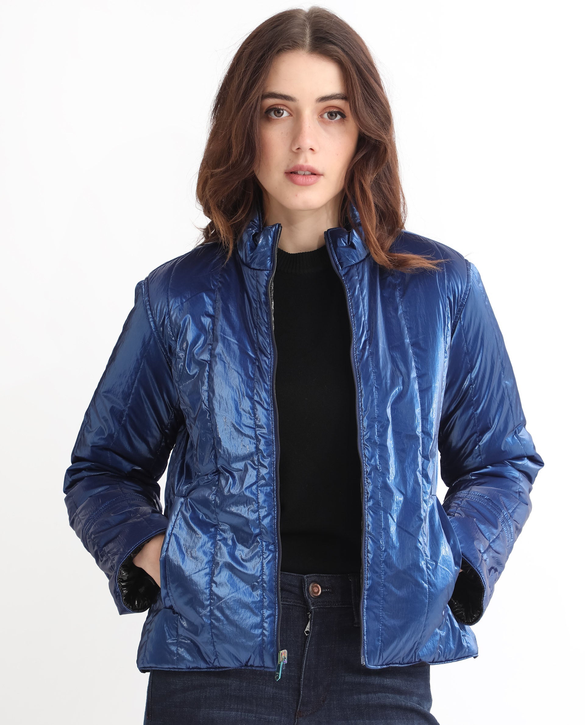 Rareism Women's Stein Navy Polyester Mandarin Collar Plain Regular Fit Jacket