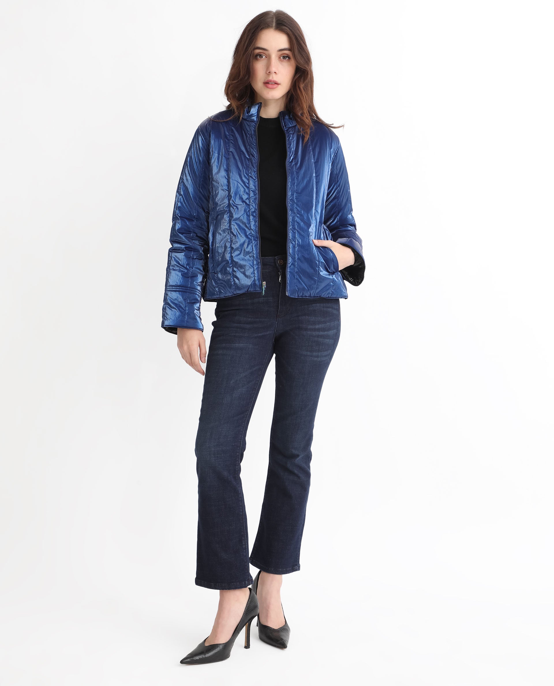 Rareism Women's Stein Navy Polyester Mandarin Collar Plain Regular Fit Jacket