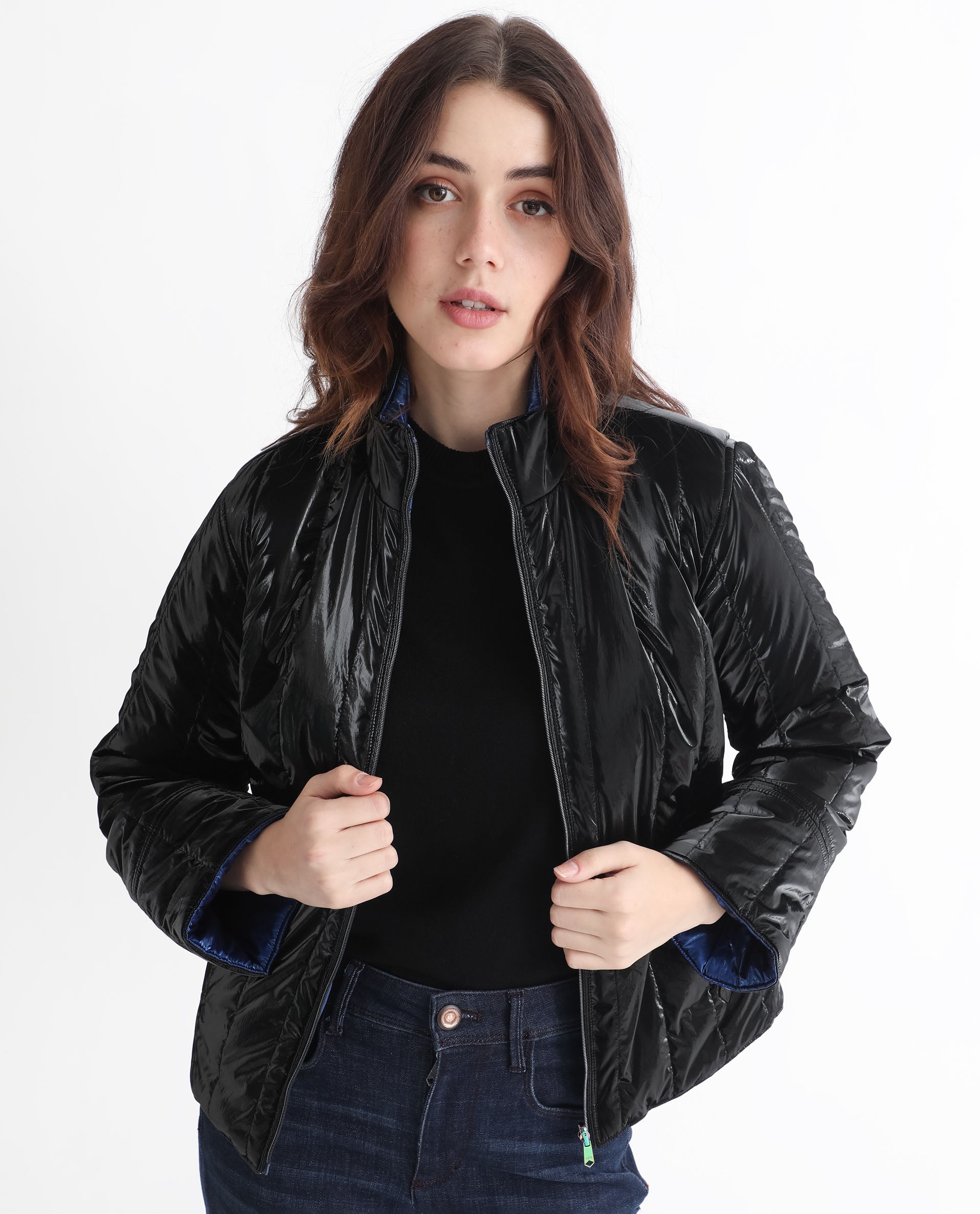 Rareism Women's Stein Navy Polyester Mandarin Collar Plain Regular Fit Jacket