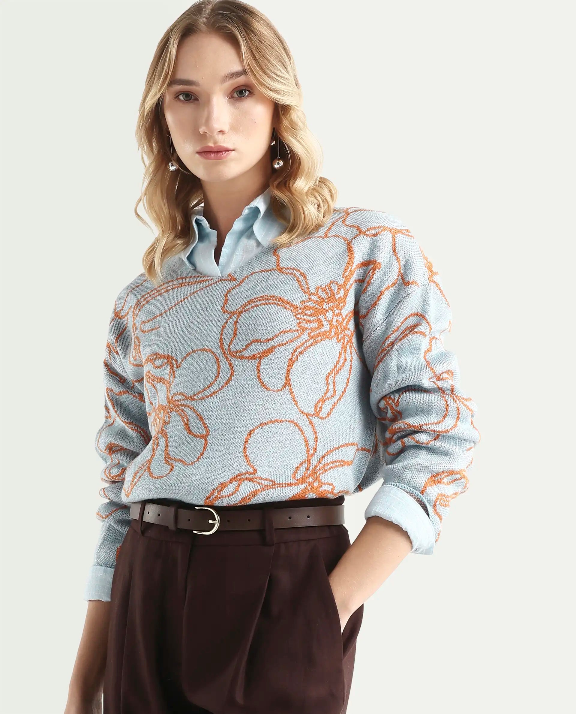 Rareism Women's Stellan Blue Acrylic Boat Neck Floral Print Relaxed Fit Sweater