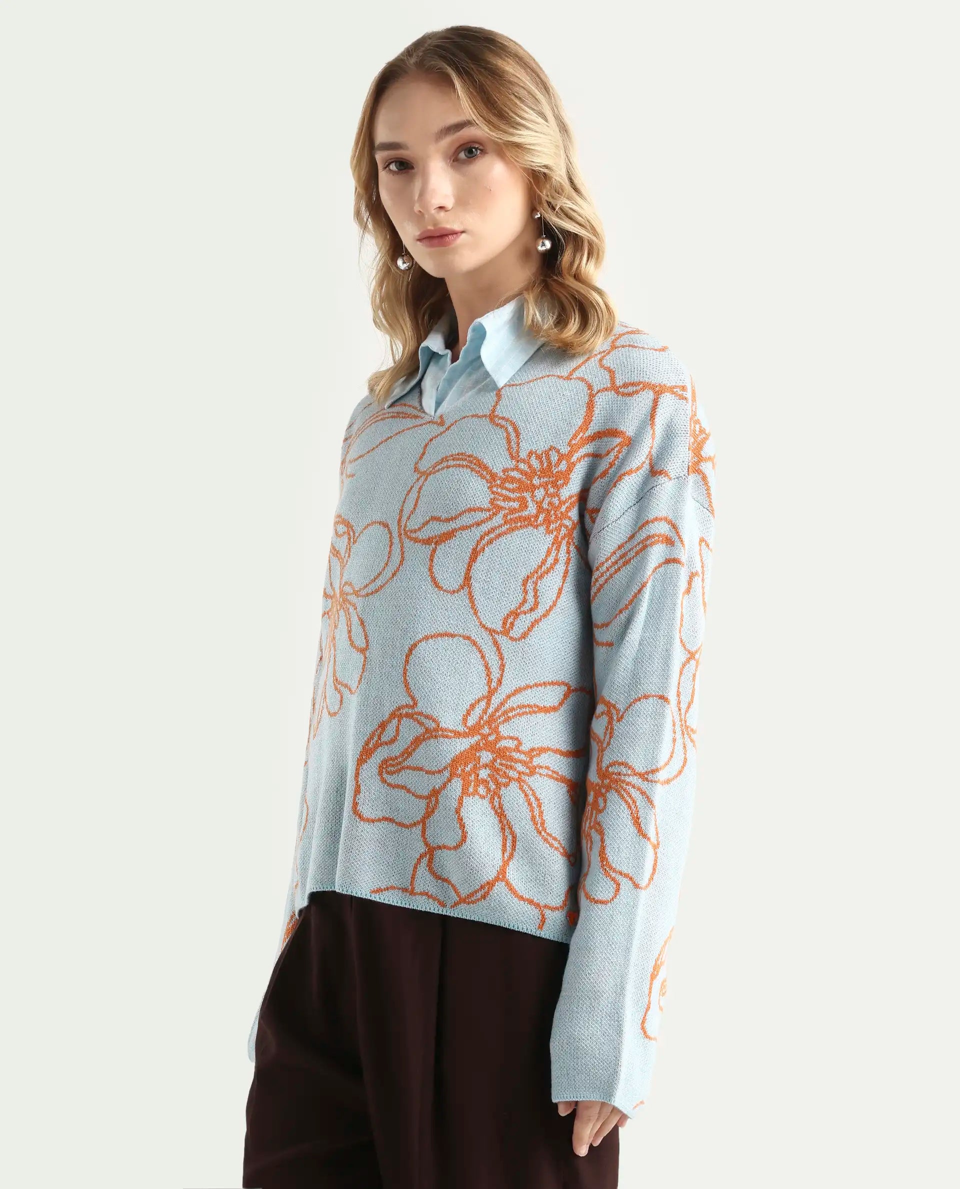 Rareism Women's Stellan Blue Acrylic Boat Neck Floral Print Relaxed Fit Sweater