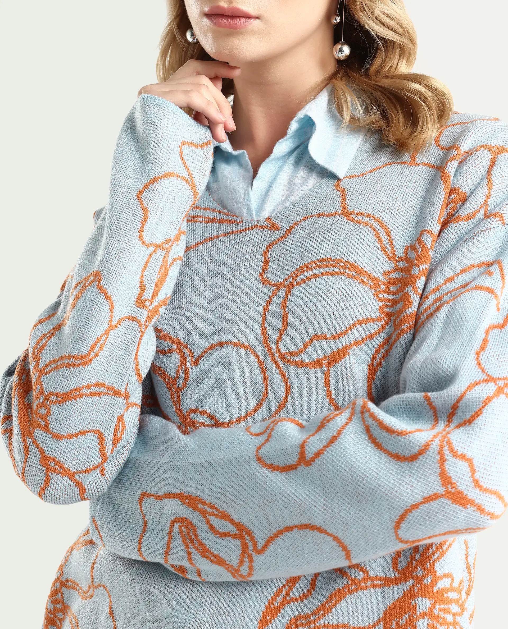 Rareism Women's Stellan Blue Acrylic Boat Neck Floral Print Relaxed Fit Sweater