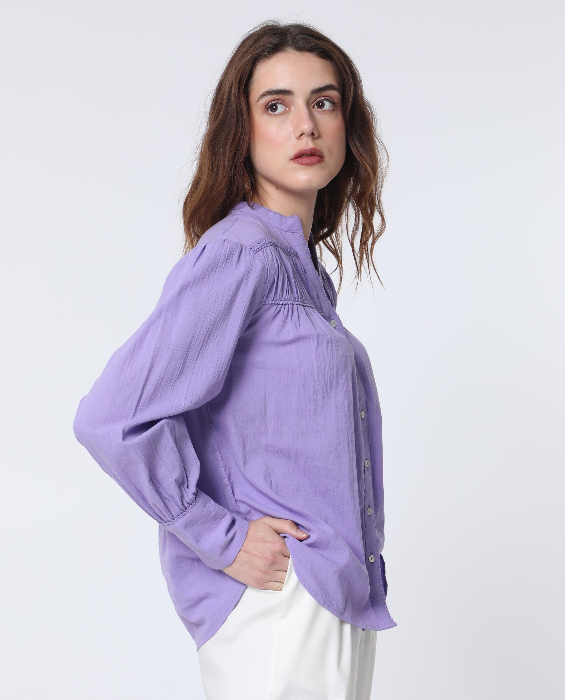 Rareism Women Stern Light Purple Cotton Fabric Relaxed Fit Mandarin Collar Full Sleeves Solid Top
