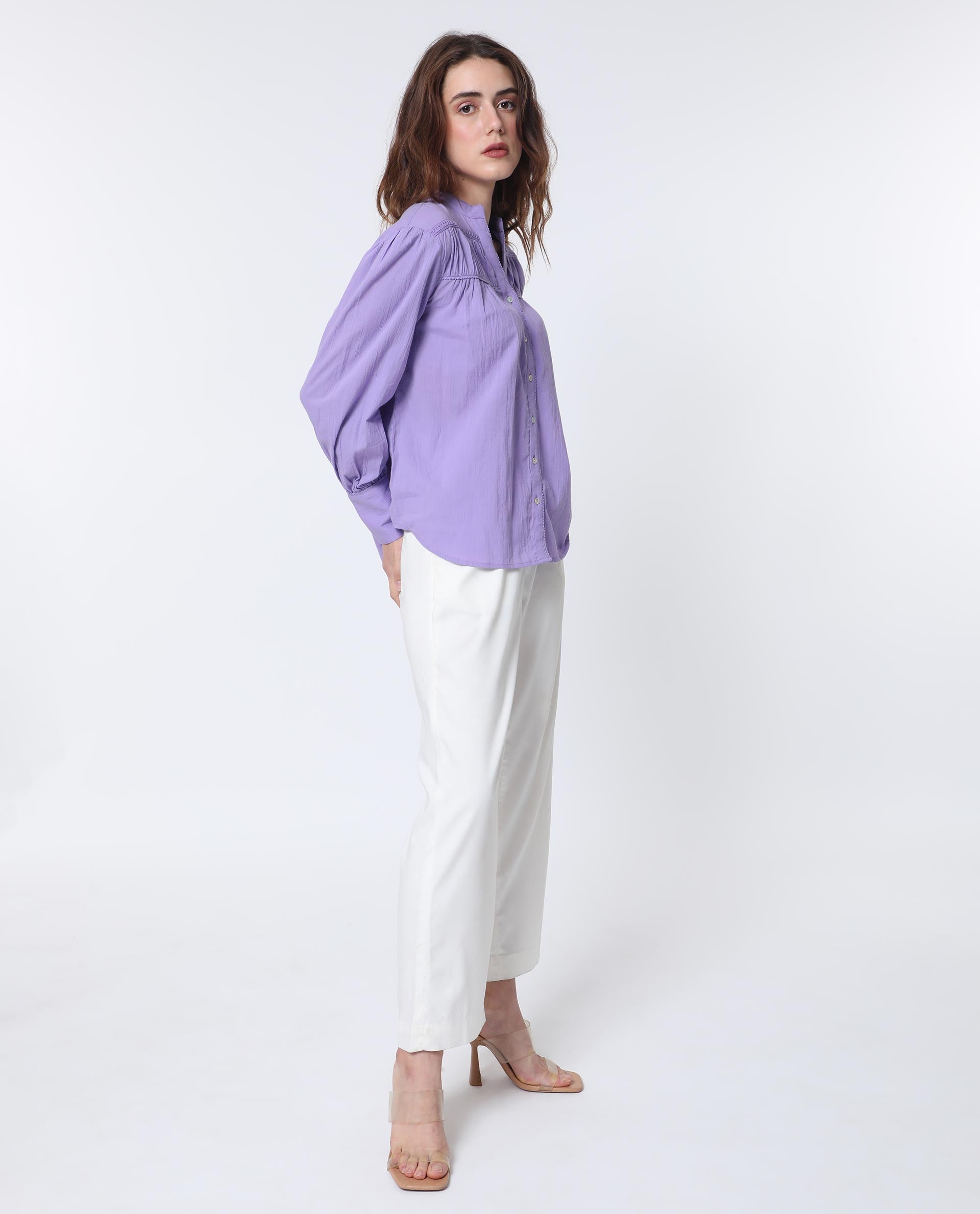 Rareism Women Stern Light Purple Cotton Fabric Relaxed Fit Mandarin Collar Full Sleeves Solid Top