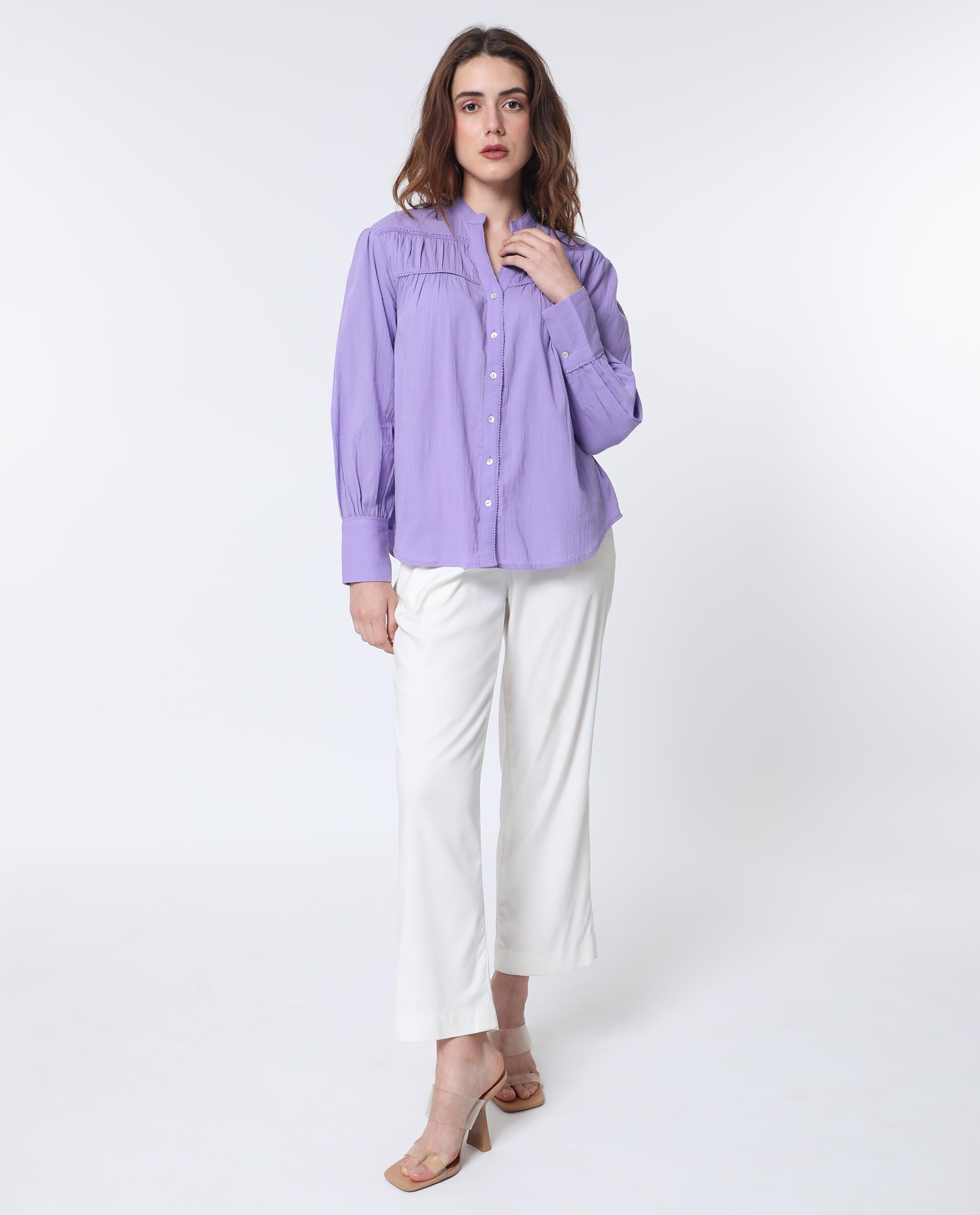 Rareism Women Stern Light Purple Cotton Fabric Relaxed Fit Mandarin Collar Full Sleeves Solid Top