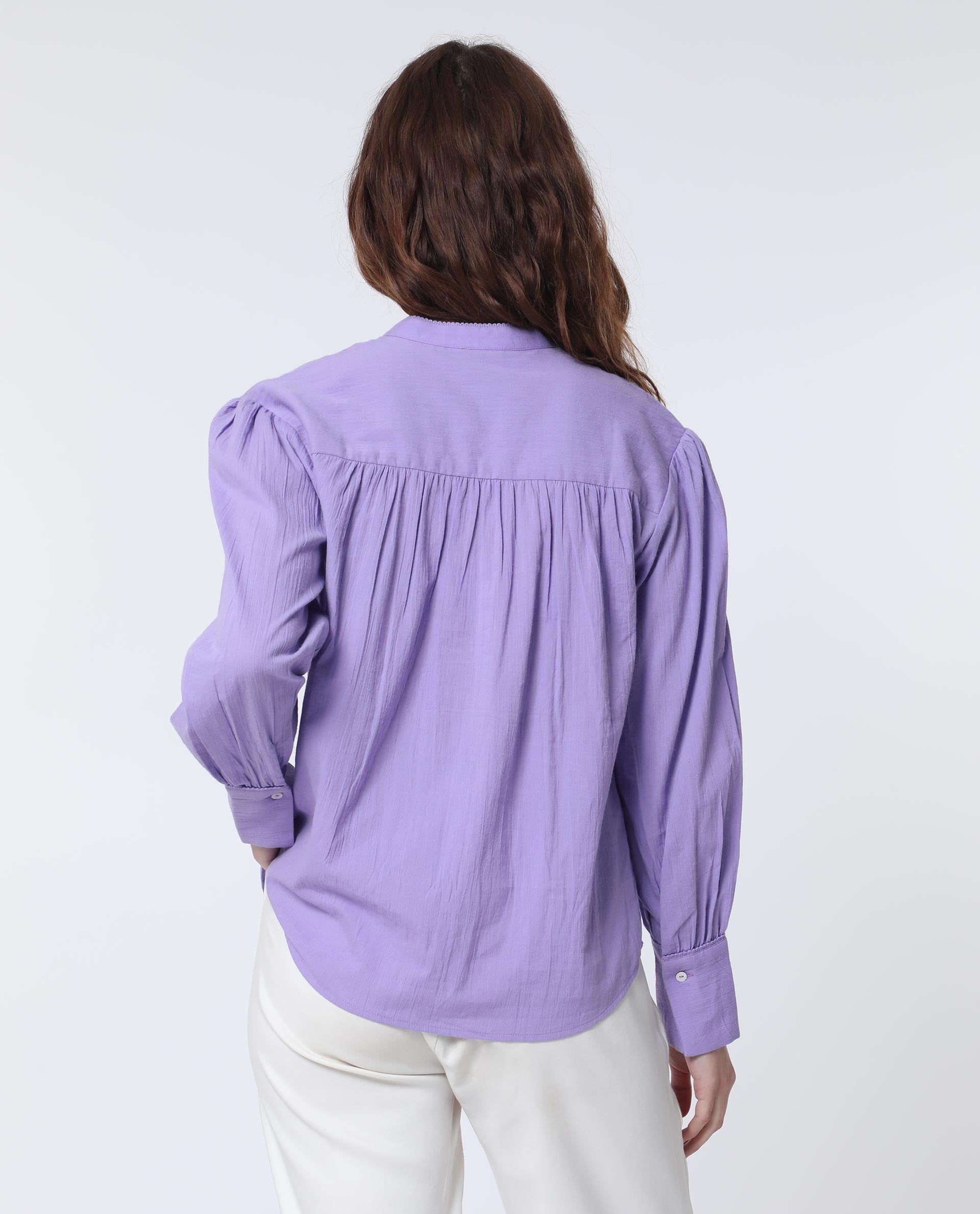 Rareism Women Stern Light Purple Cotton Fabric Relaxed Fit Mandarin Collar Full Sleeves Solid Top
