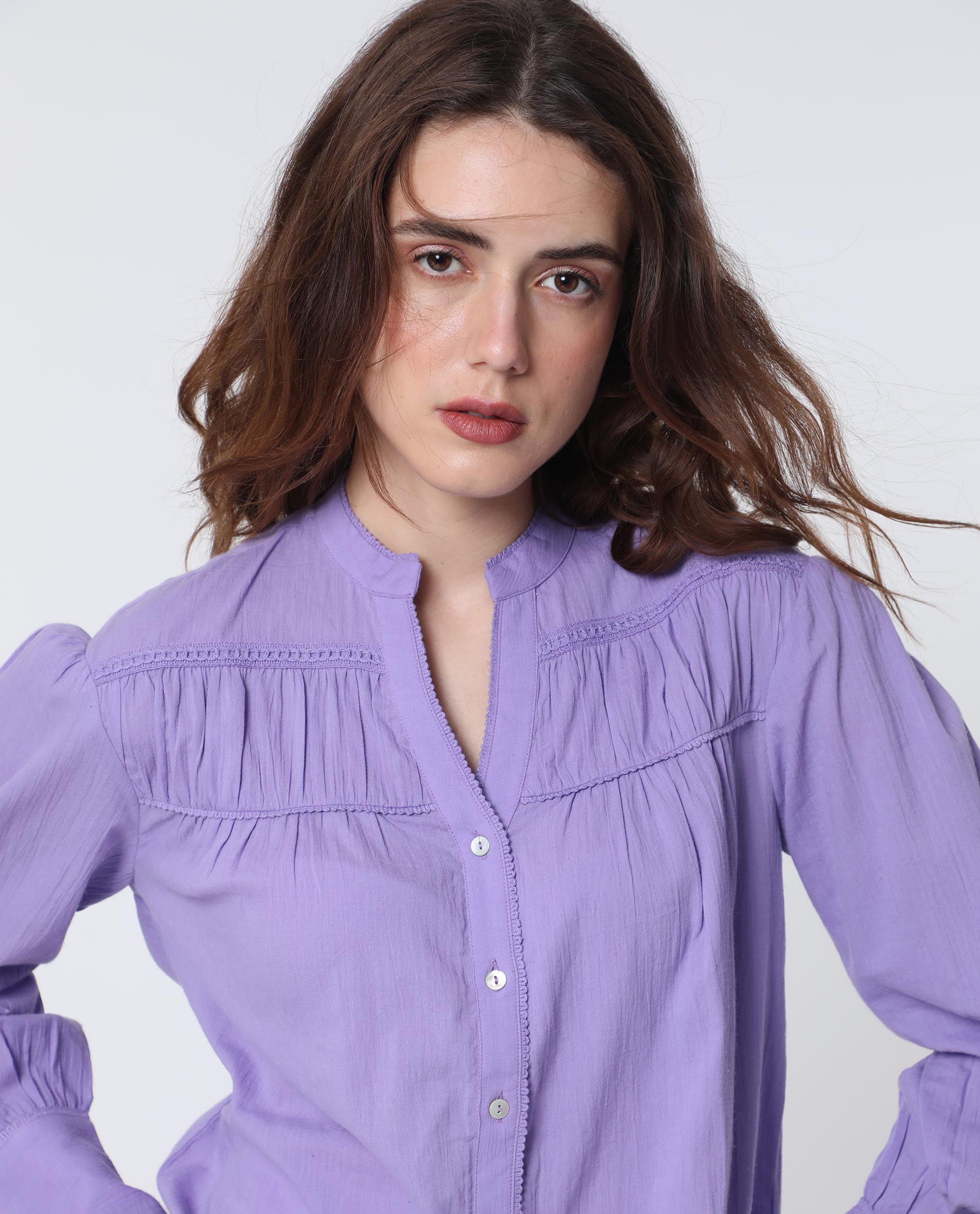Rareism Women Stern Light Purple Cotton Fabric Relaxed Fit Mandarin Collar Full Sleeves Solid Top