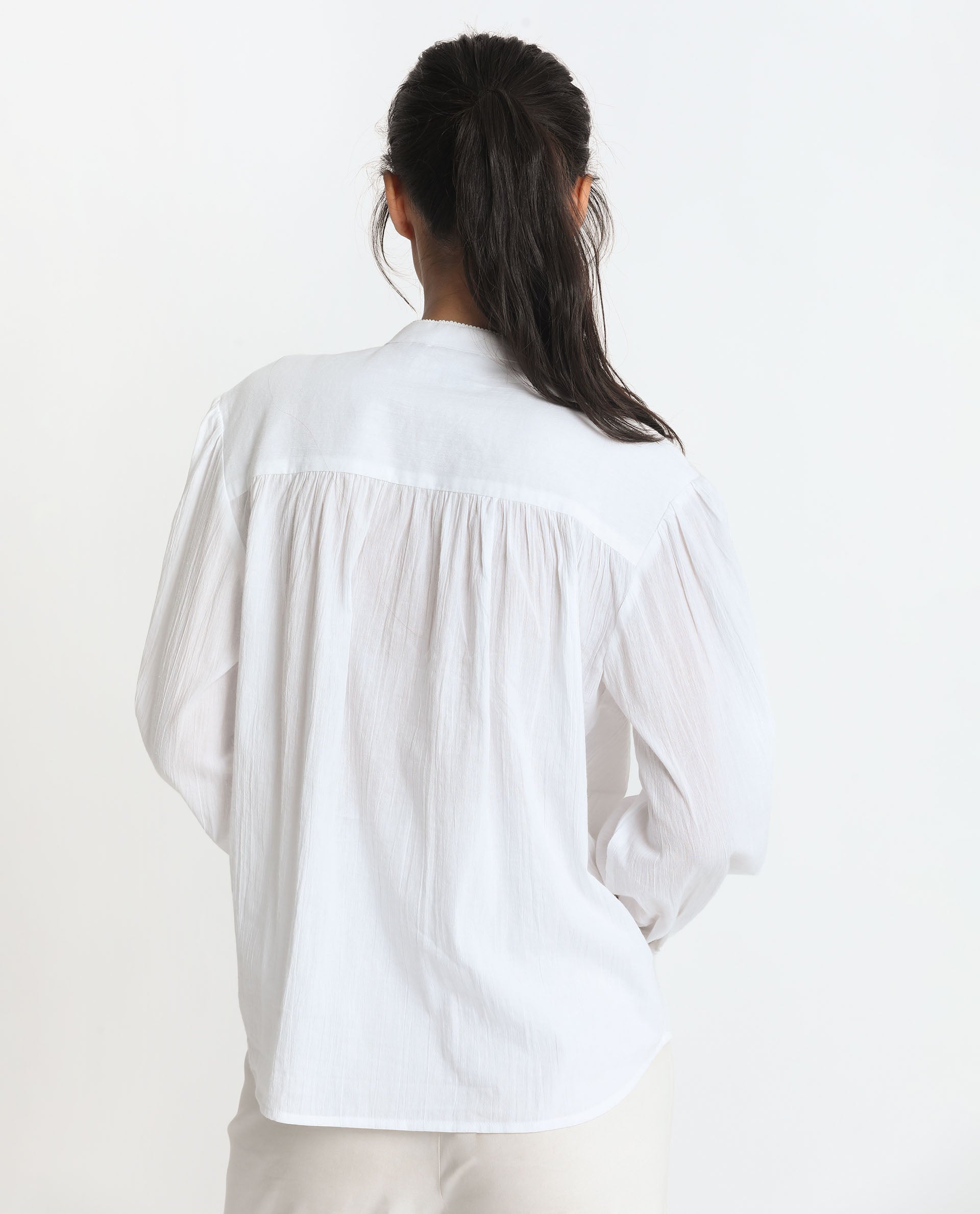 Rareism Women's Stern White Cotton Mandarin Collar Plain Bishop Sleeve Relaxed Fit Top