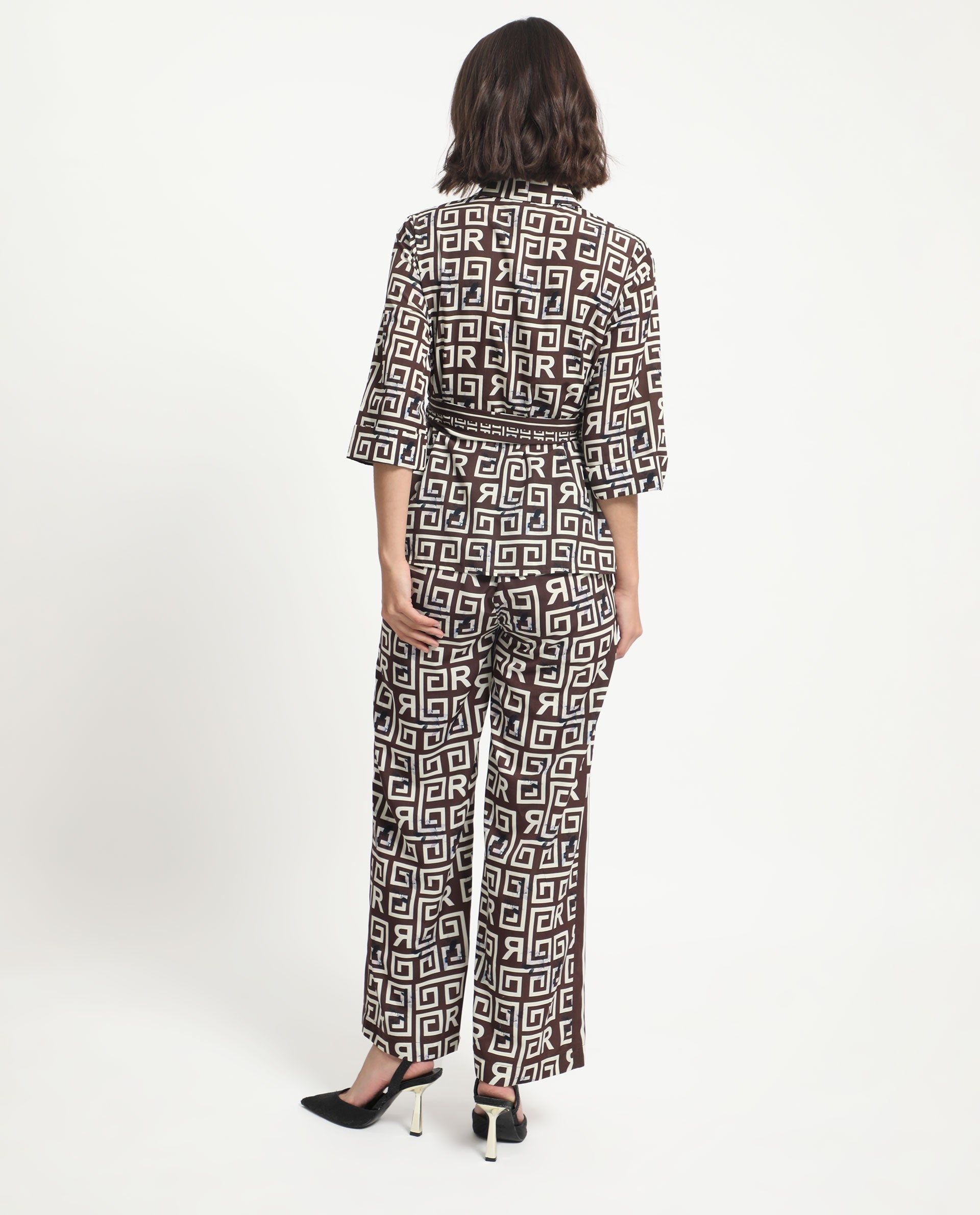 Rareism Women Stevenson Brown Polyester Fabric 3/4Th Sleeves Regular Fit Geometric Print Top