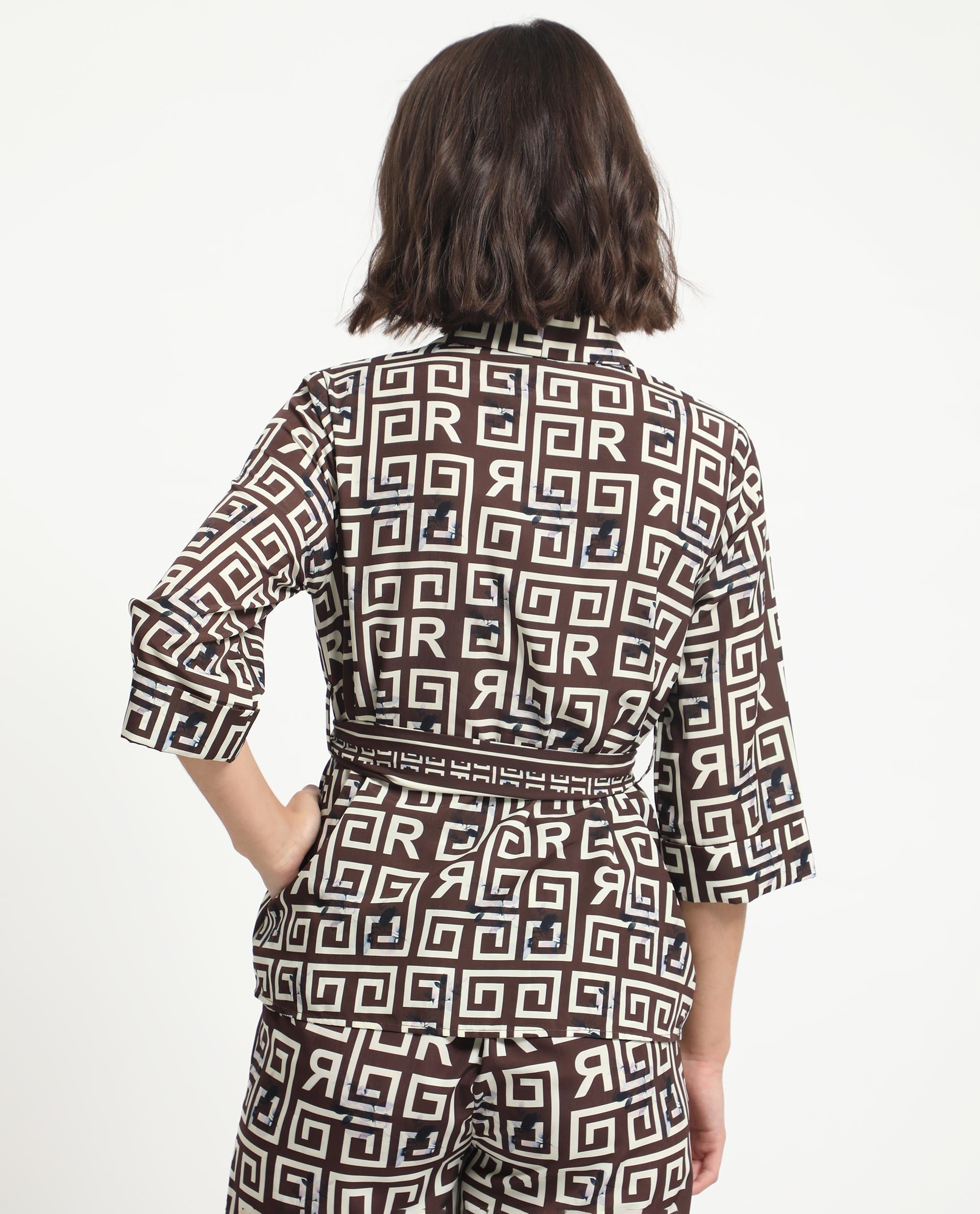 Rareism Women Stevenson Brown Polyester Fabric 3/4Th Sleeves Regular Fit Geometric Print Top