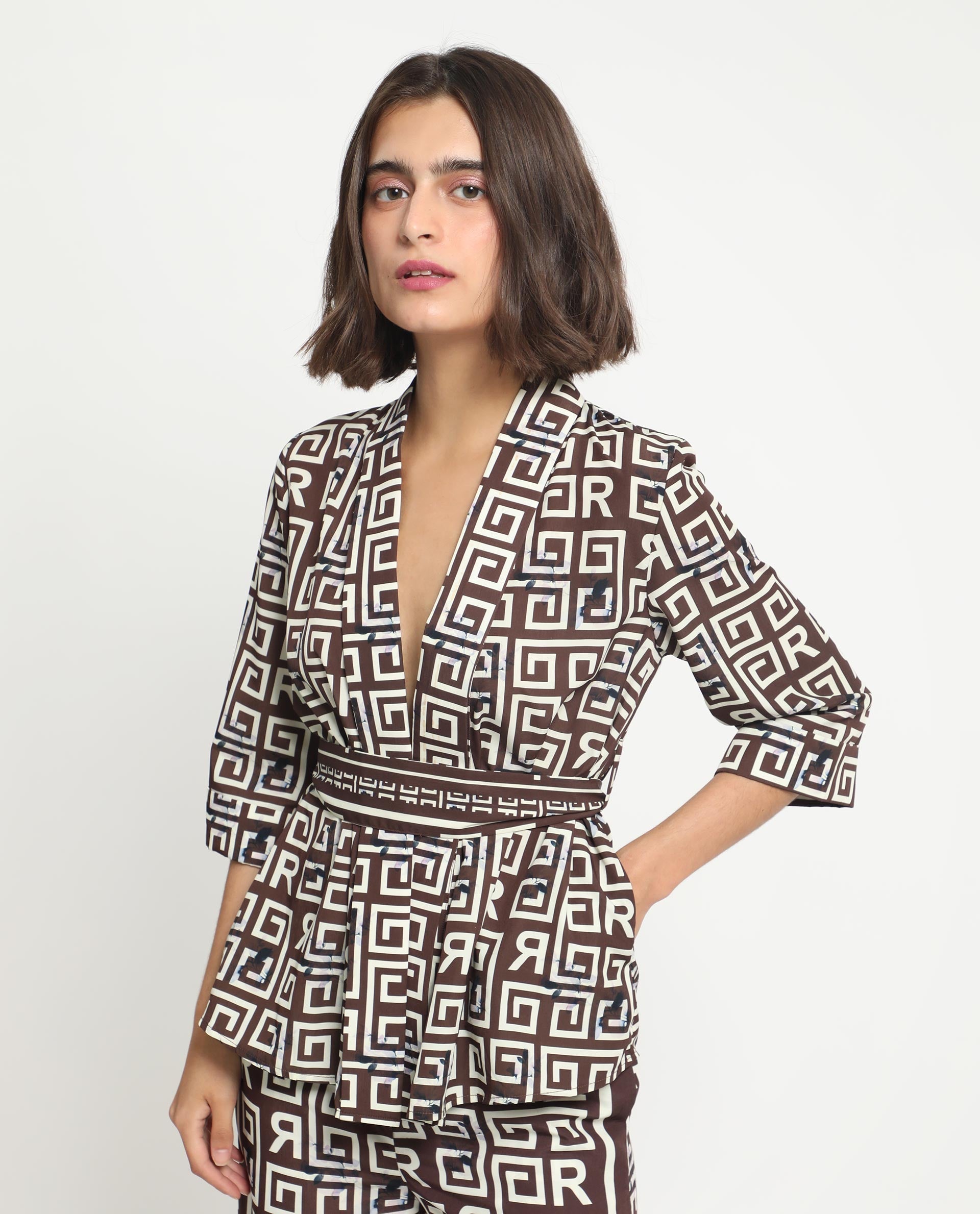 Rareism Women Stevenson Brown Polyester Fabric 3/4Th Sleeves Regular Fit Geometric Print Top