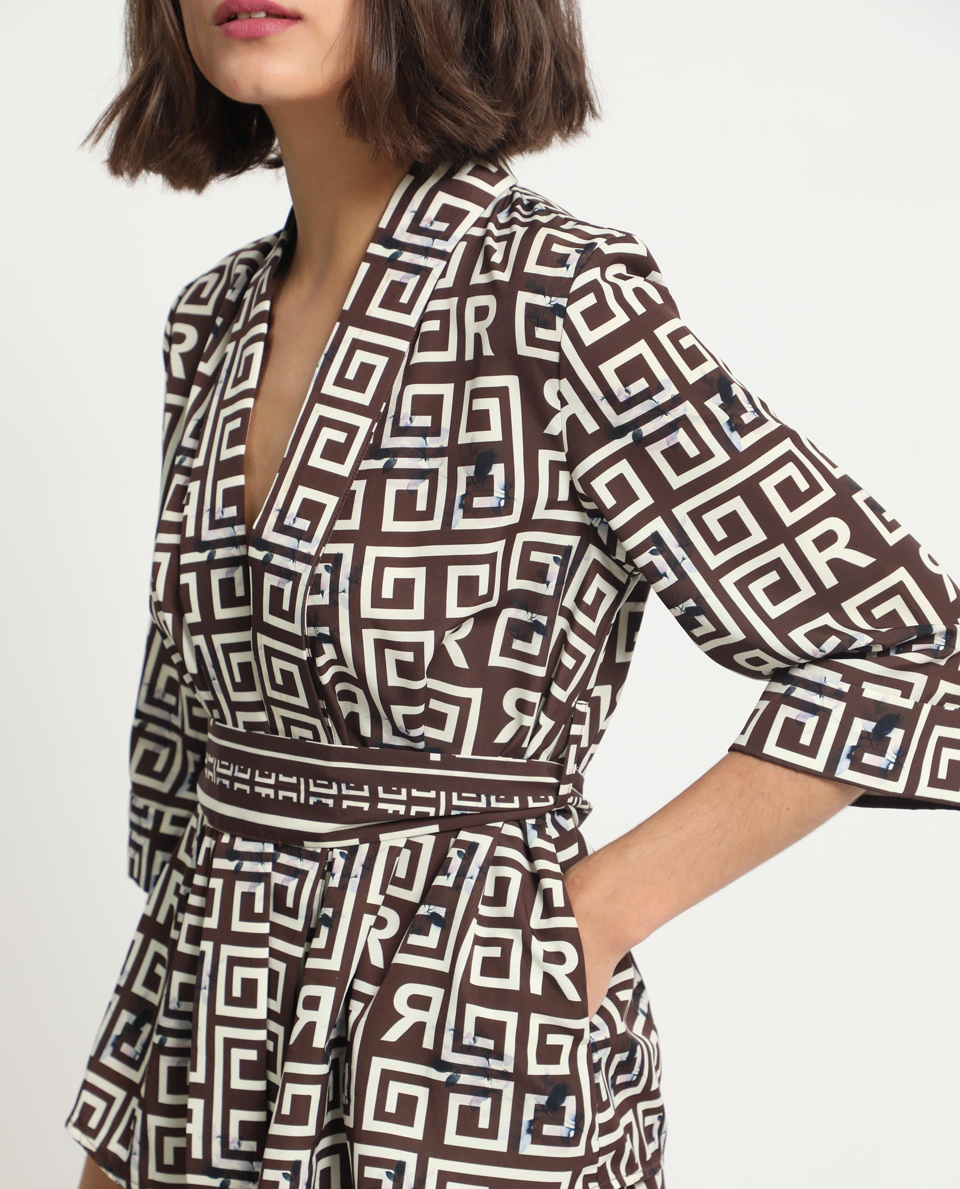 Rareism Women Stevenson Brown Polyester Fabric 3/4Th Sleeves Regular Fit Geometric Print Top