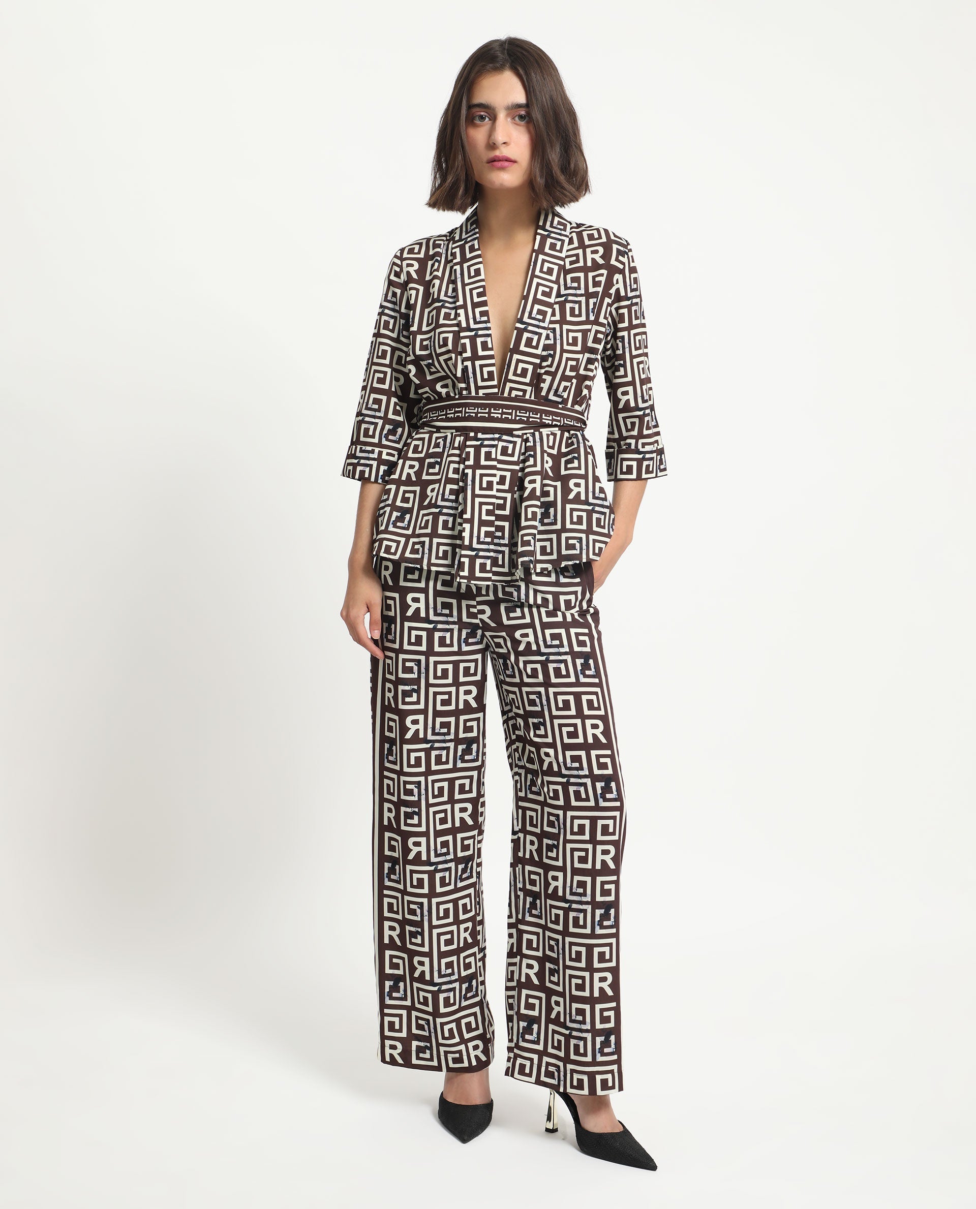 Rareism Women Stevenson Brown Polyester Fabric 3/4Th Sleeves Regular Fit Geometric Print Top