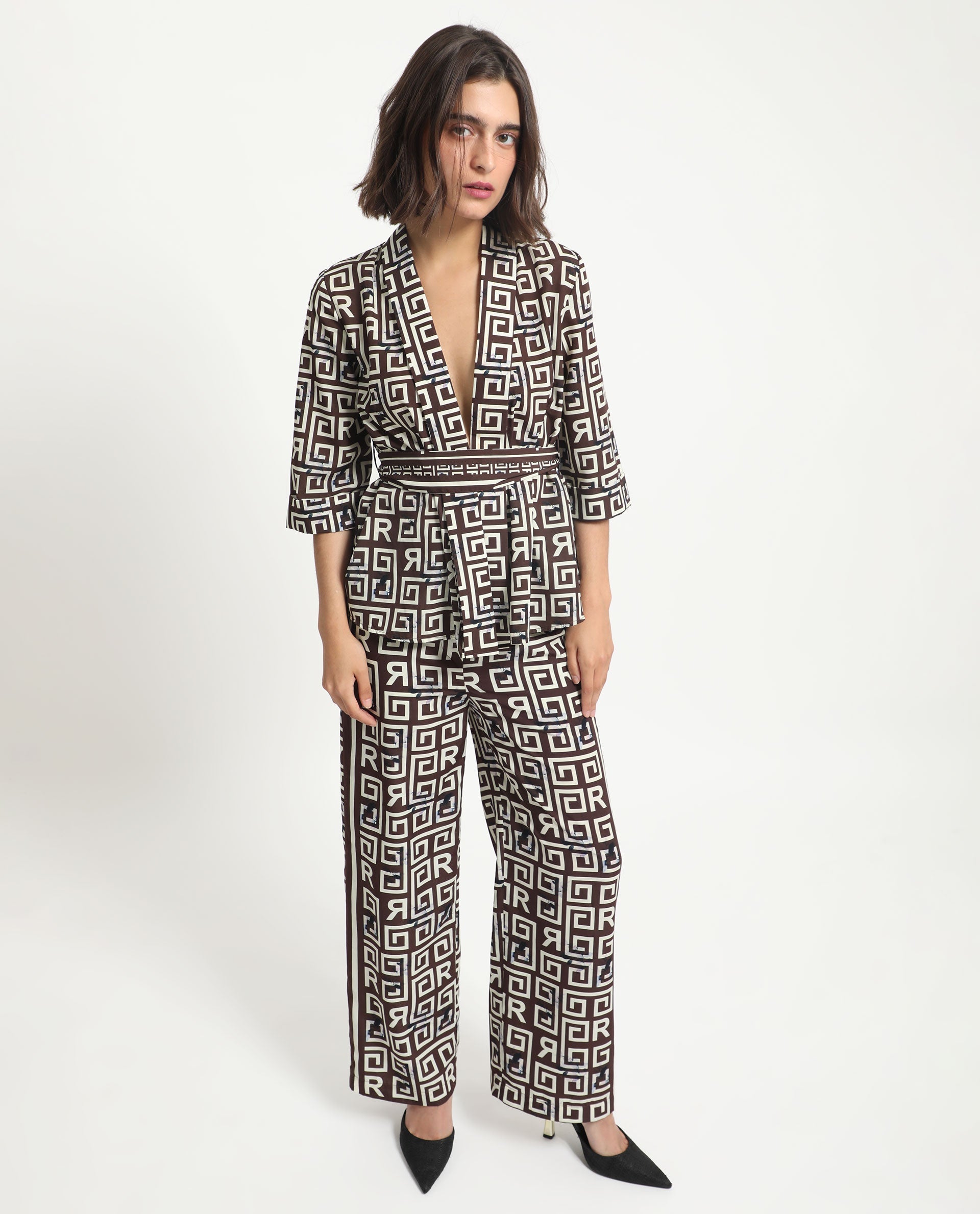 Rareism Women Stevenson Brown Polyester Fabric 3/4Th Sleeves Regular Fit Geometric Print Top