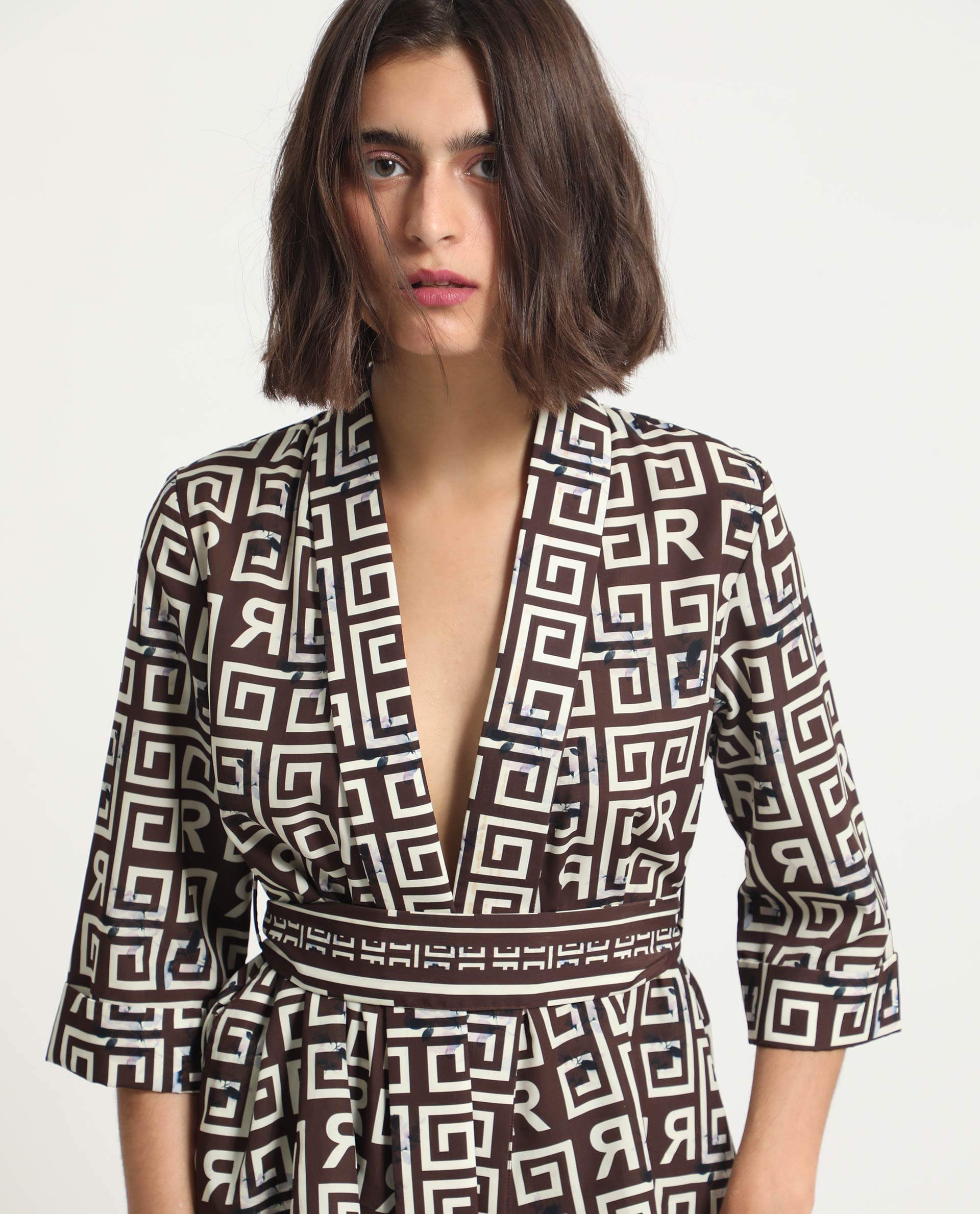 Rareism Women Stevenson Brown Polyester Fabric 3/4Th Sleeves Regular Fit Geometric Print Top