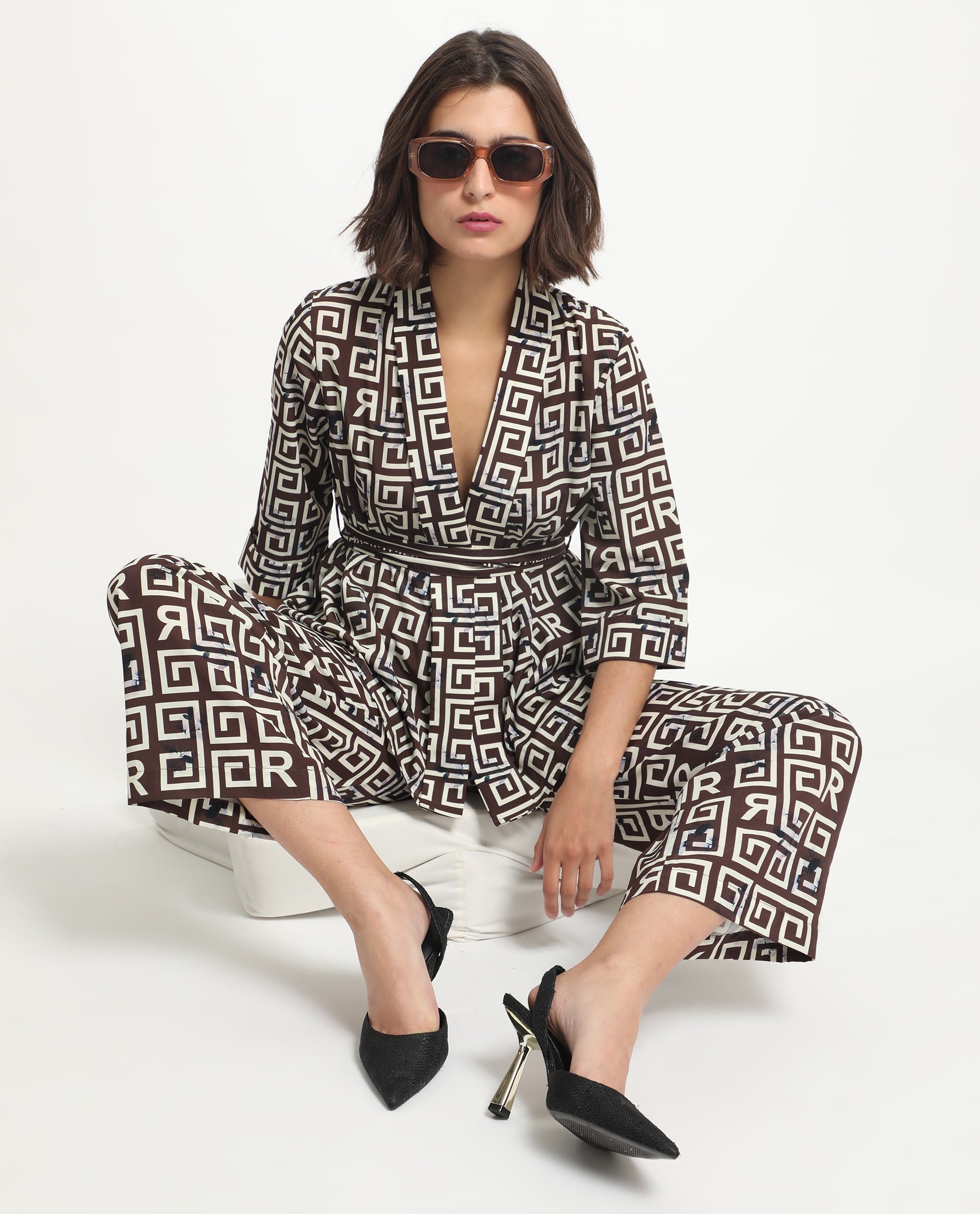 Rareism Women Stevenson Brown Polyester Fabric 3/4Th Sleeves Regular Fit Geometric Print Top