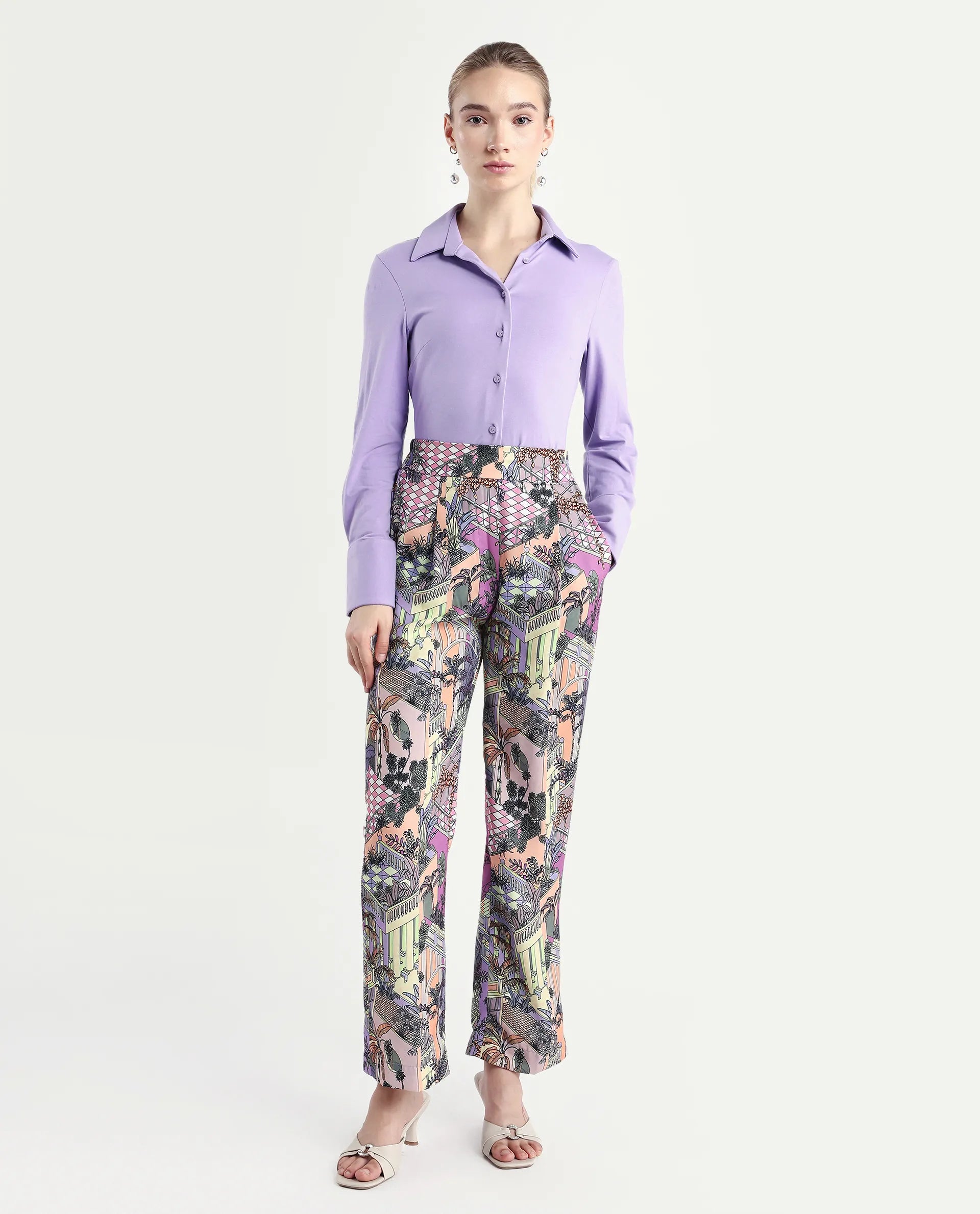 Rareism Women's Stevie-B Light Multi Polyester Abstract Print Ankle Length Straight Fit Trouser