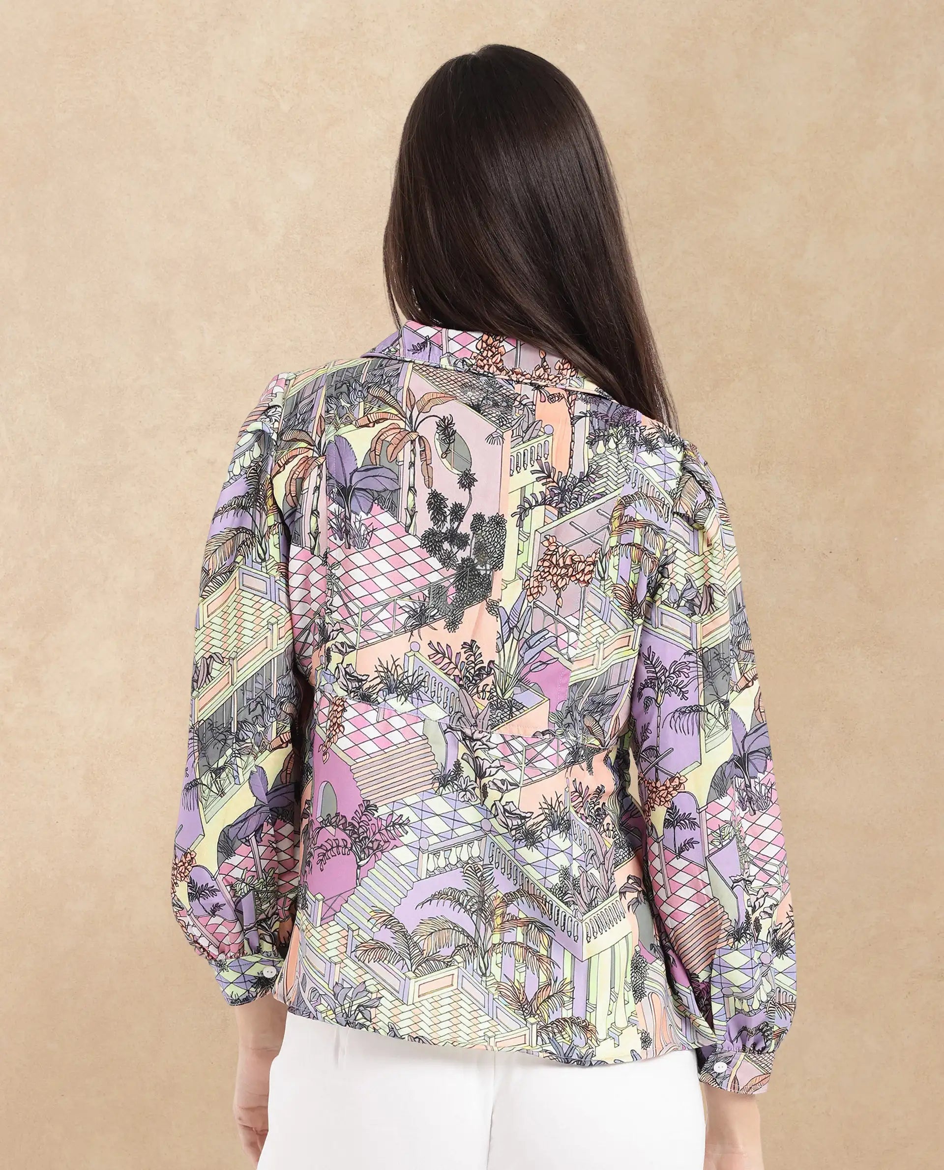 Rareism Women Stevie-T Light Multi Cuffed Sleeve Lapel Neck Loop Abstract Print Top