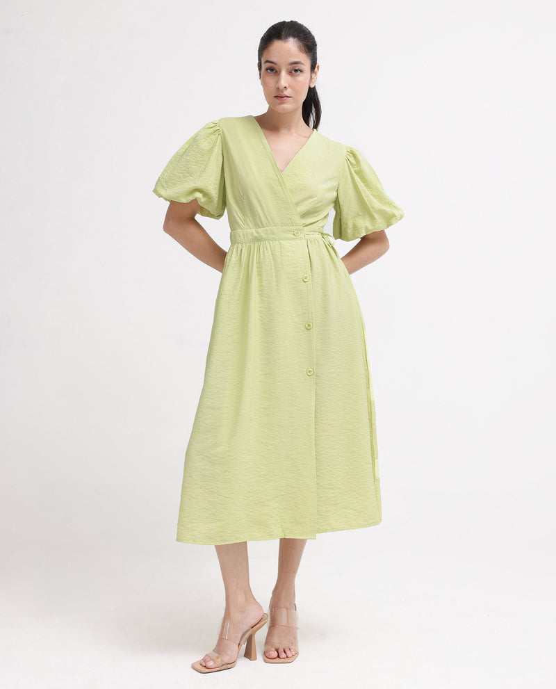 Rareism Women Stewart Light Green Button Closure Balloon Sleeve Over Lap Neck Fit And Flare Plain Maxi Dress