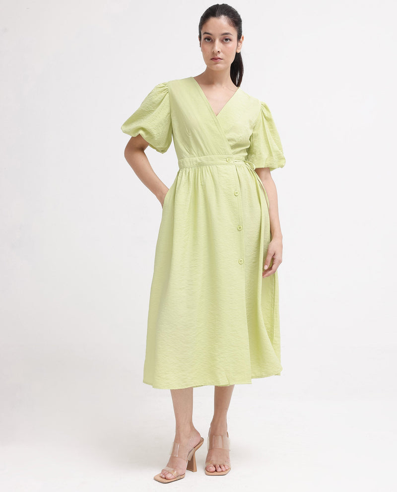 Rareism Women Stewart Light Green Button Closure Balloon Sleeve Over Lap Neck Fit And Flare Plain Maxi Dress