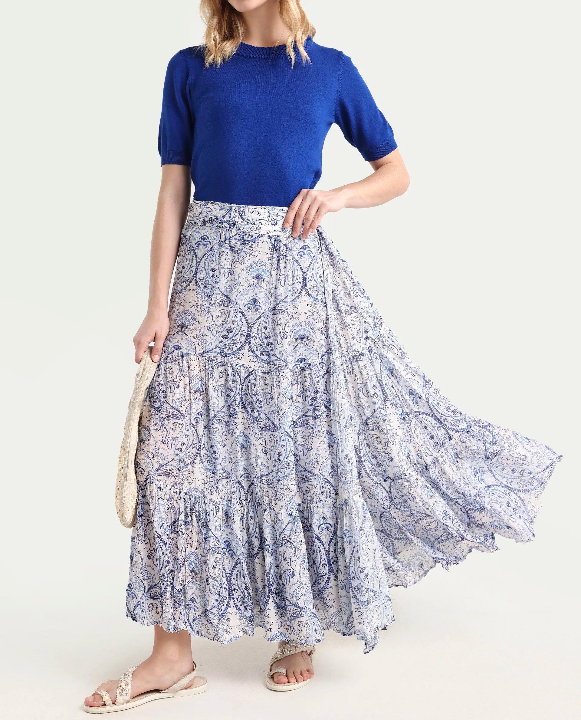 Rareism Women's Stignert Multi Cotton Paisley Print Ankle Length Relaxed Fit Skirt