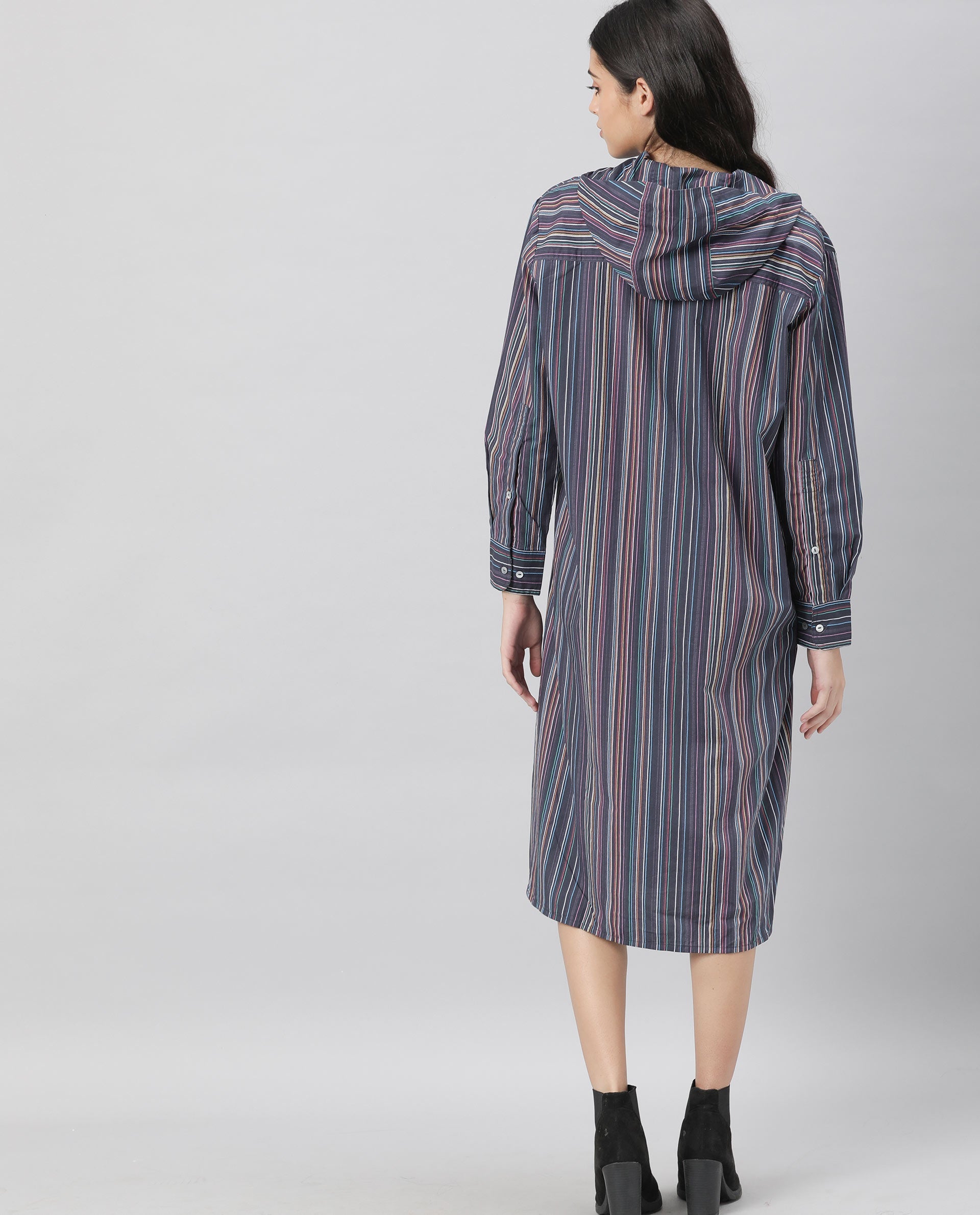 Rareism Women Stipey Black Full Sleeves Neck With Hoodie Centre Patch Pocket With Side Slit Knee Length Dress