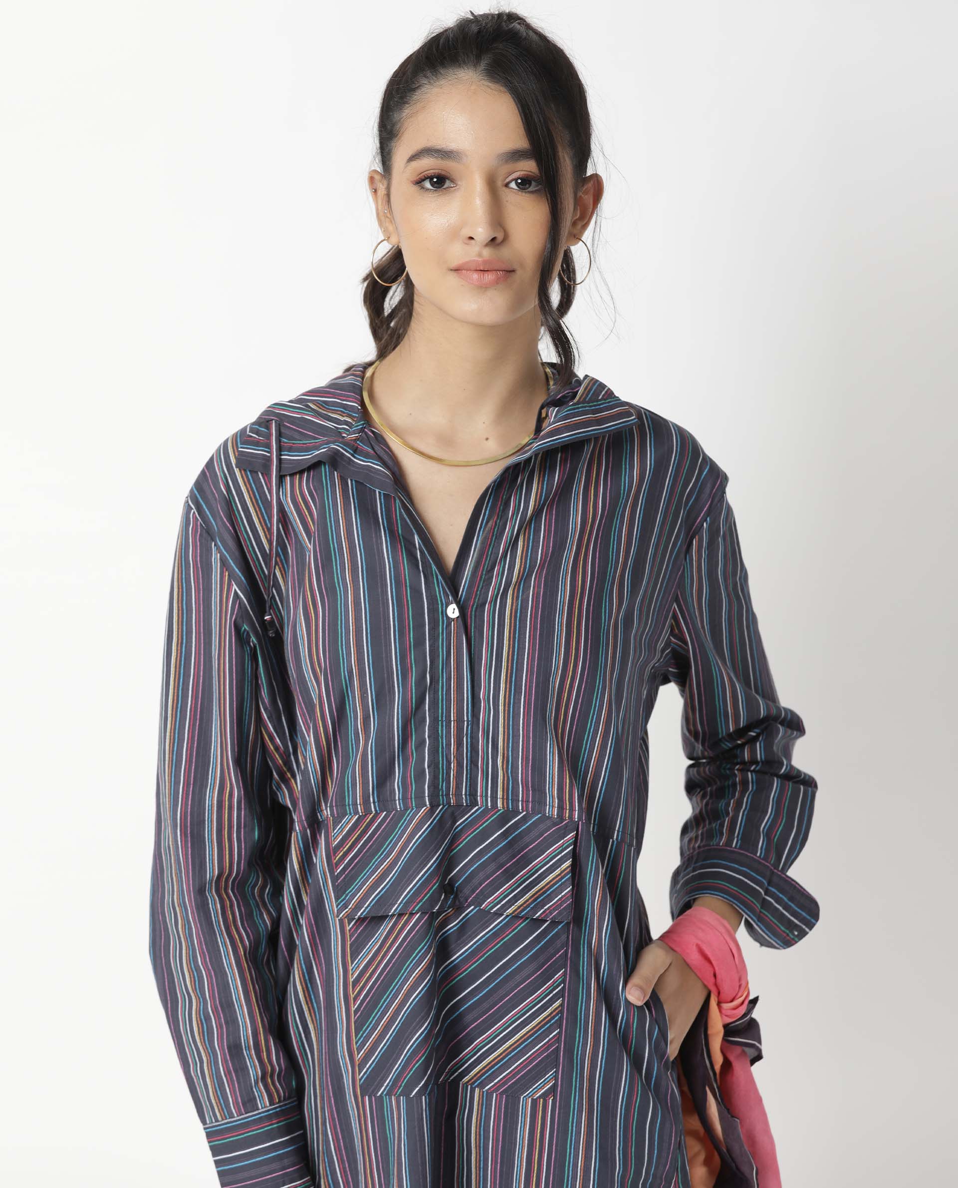 Rareism Women's Stipey Black Hooded Striped Knee Length Regular Fit Dress