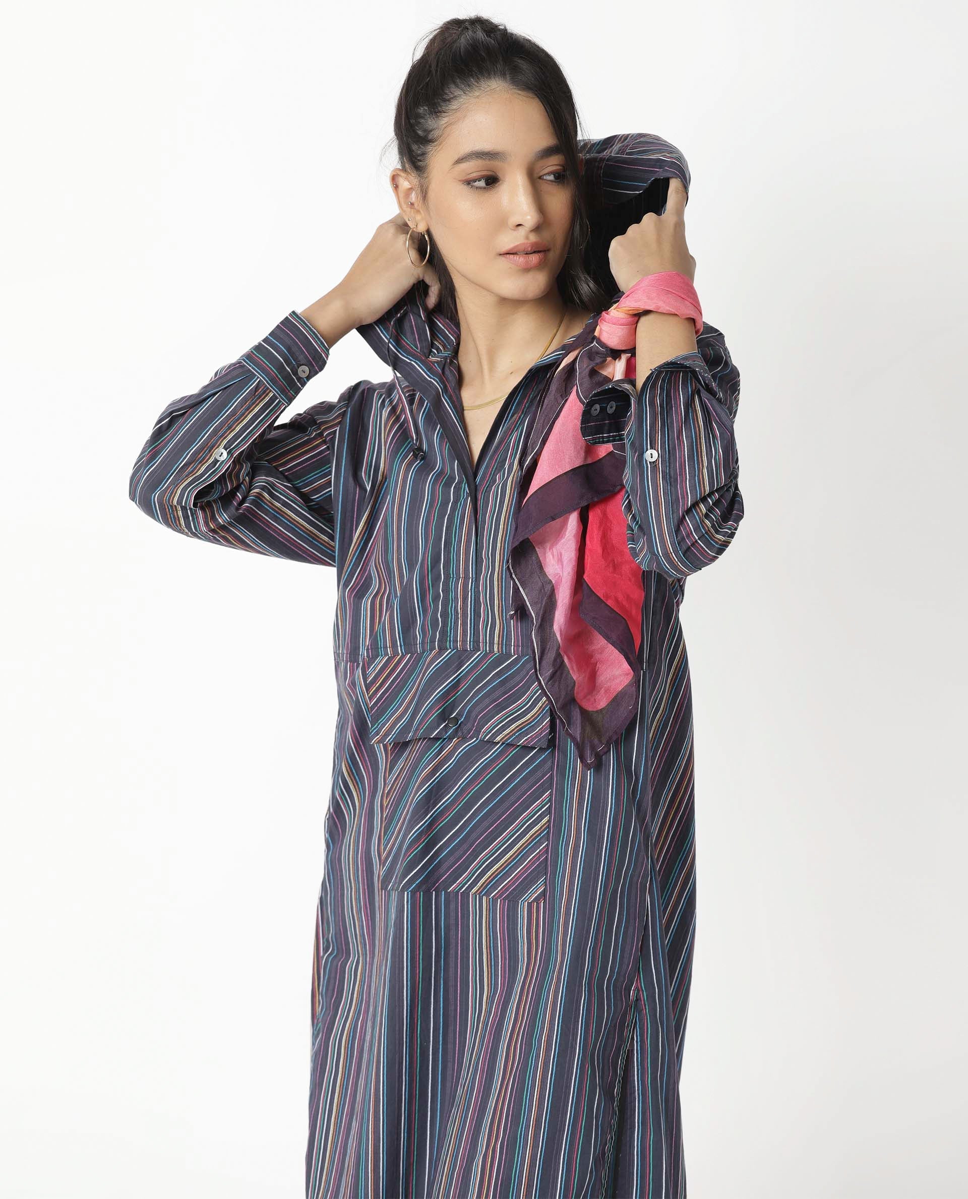 Rareism Women Stipey Black Full Sleeves Neck With Hoodie Centre Patch Pocket With Side Slit Knee Length Dress