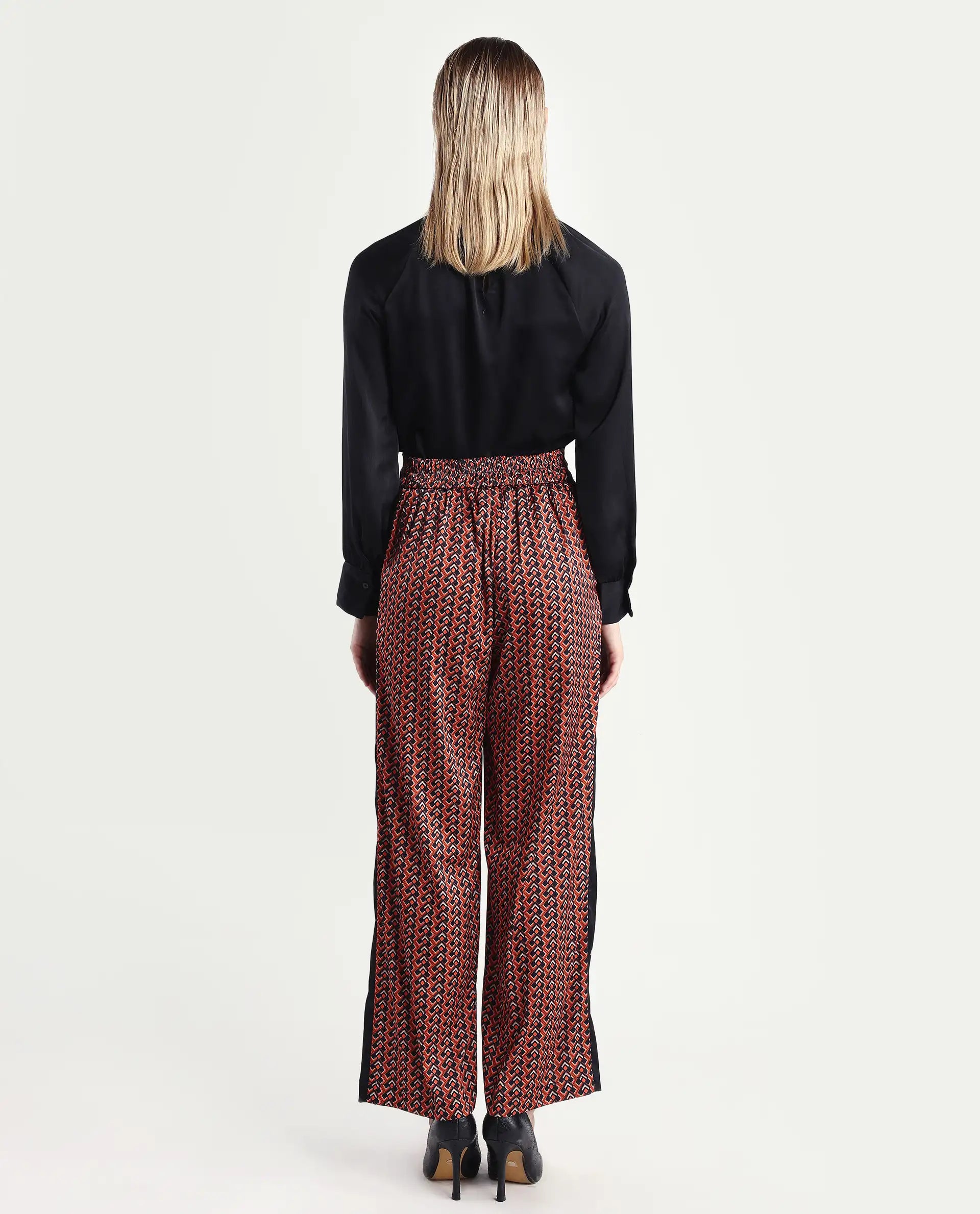 Rareism Women's Streif Orange Polyester Geometric Print Ankle Length Relaxed Fit Trouser