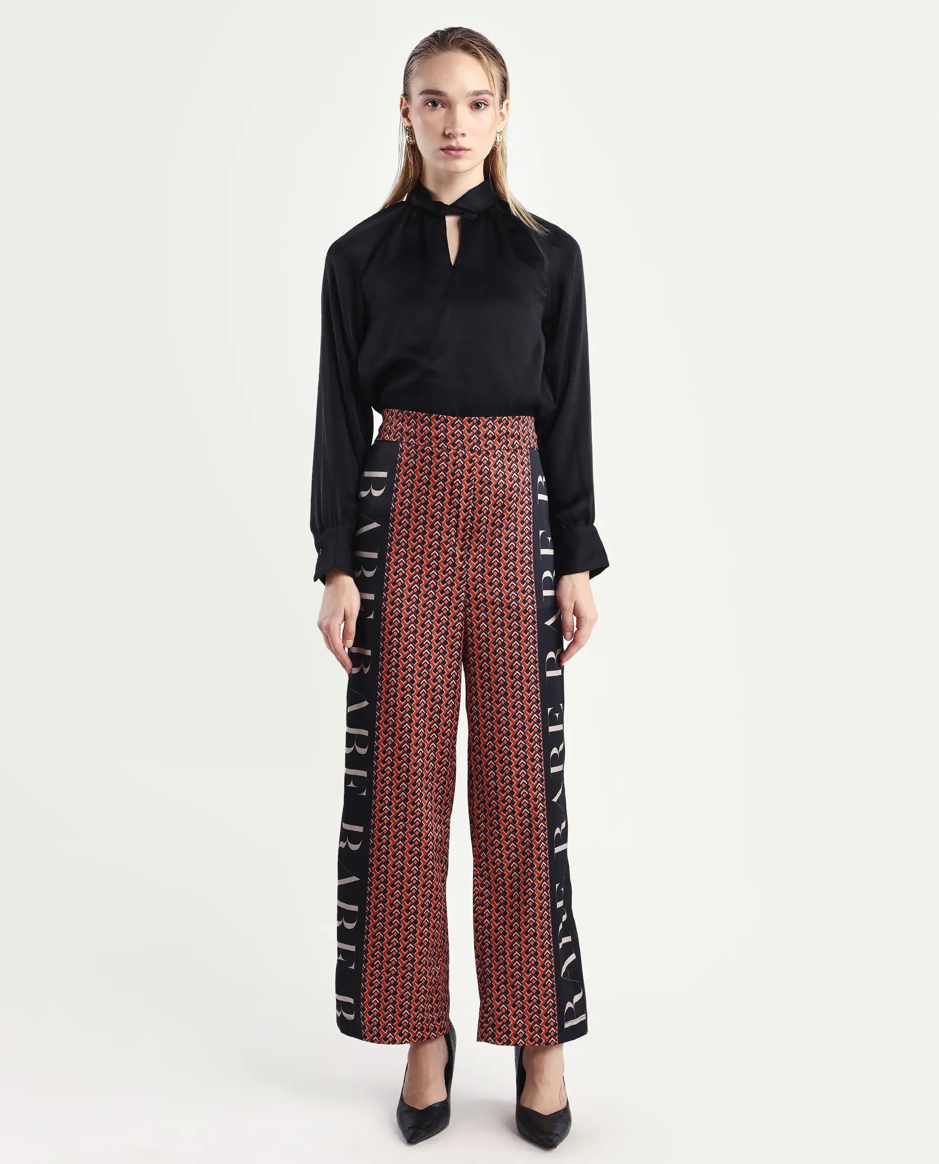 Rareism Women's Streif Orange Polyester Geometric Print Ankle Length Relaxed Fit Trouser
