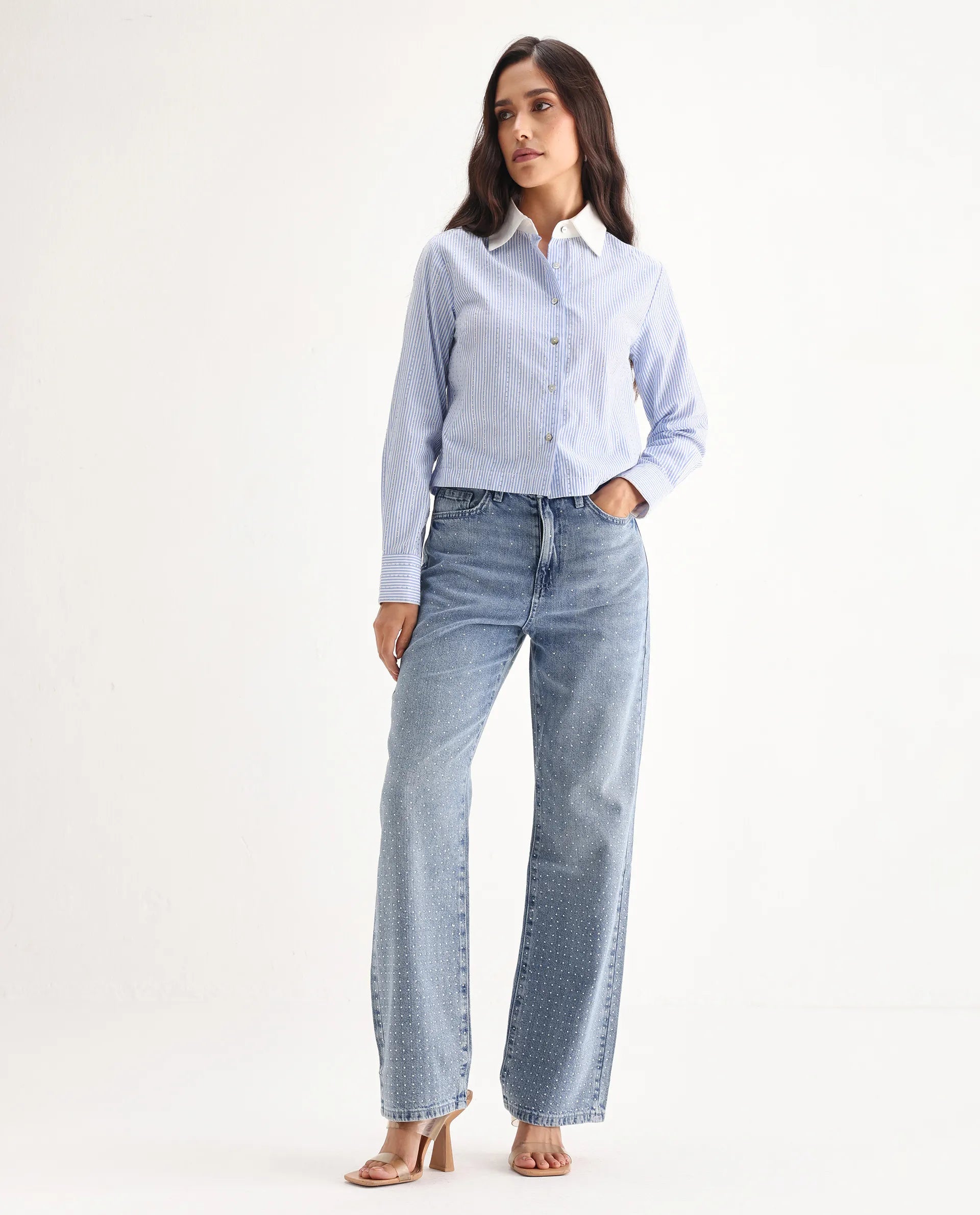 Rareism Women's Study Blue Cotton Blend Plain Ankle Length Smart Straight Fit Jeans