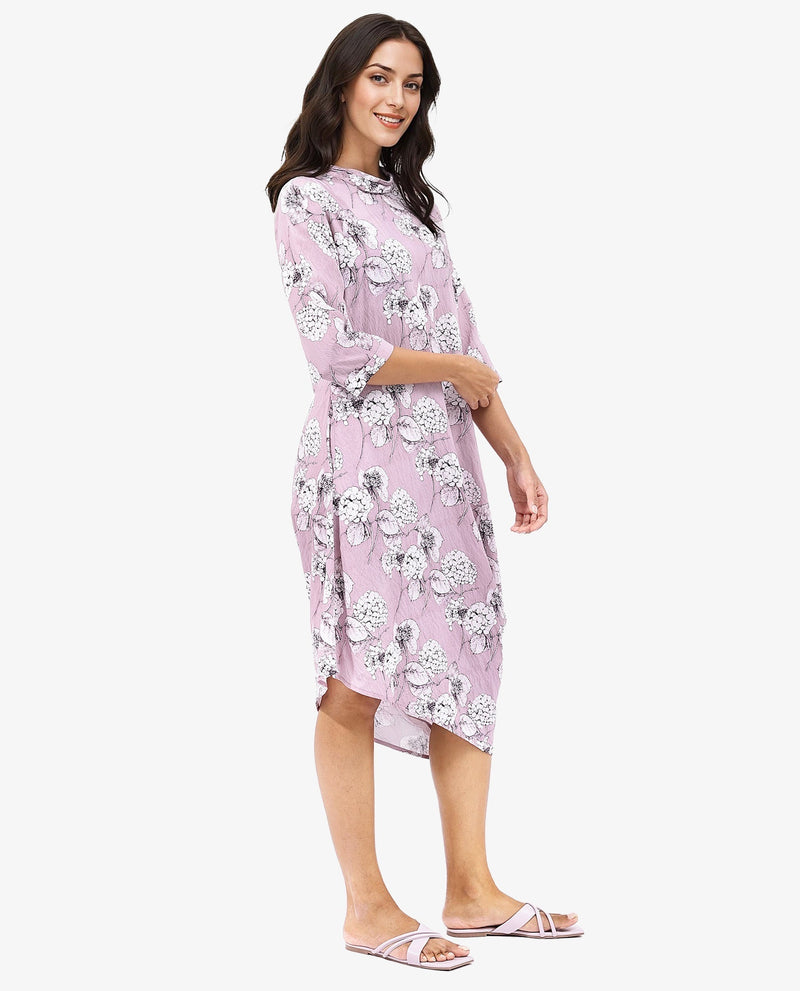 Rareism Women Sullivio Dusky Pink 3/4Th Sleeve High Neck Zipper Relaxed Fit Floral Print Midi Dress