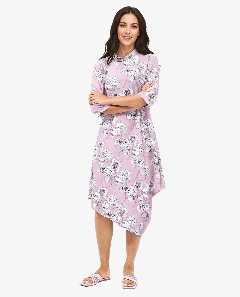 Rareism Women Sullivio Dusky Pink 3/4Th Sleeve High Neck Zipper Relaxed Fit Floral Print Midi Dress