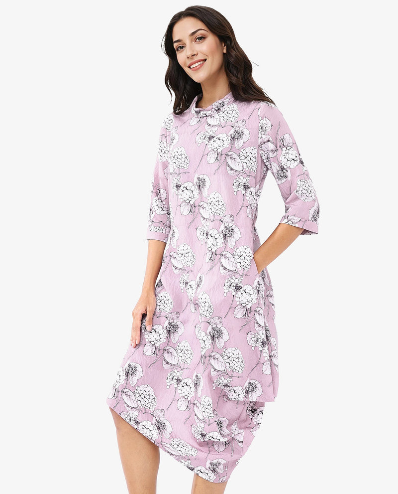 Rareism Women Sullivio Dusky Pink 3/4Th Sleeve High Neck Zipper Relaxed Fit Floral Print Midi Dress