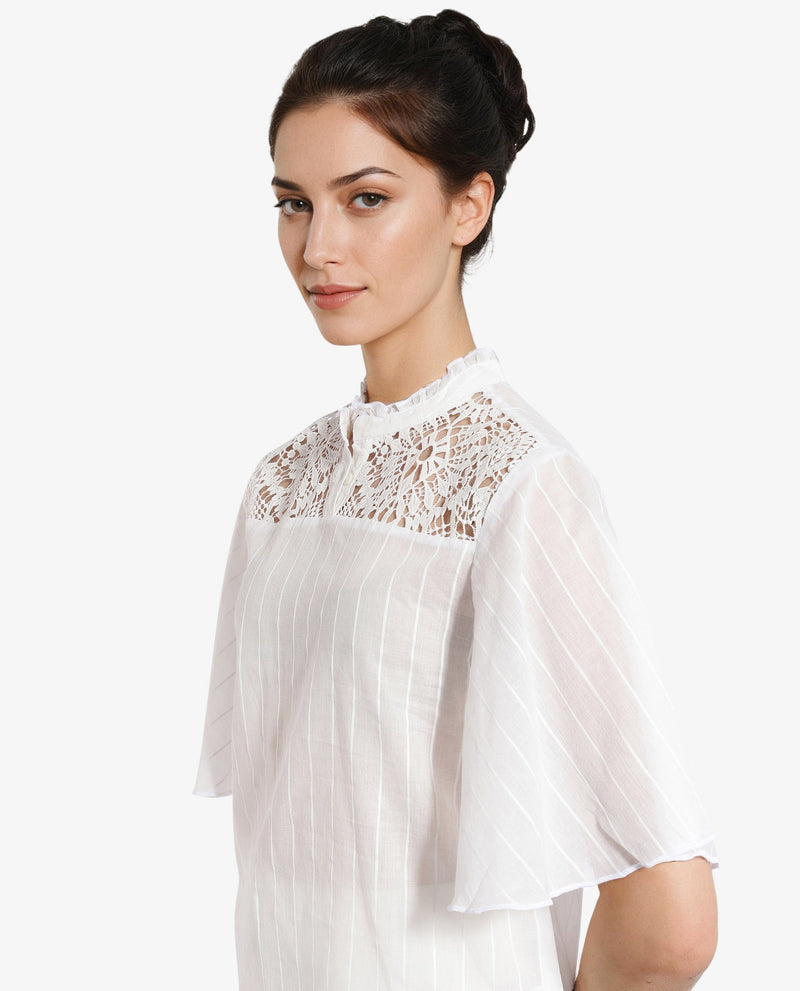 Rareism Women Sura Off White Bell Sleeves Ruffled Neck Button Plain Top