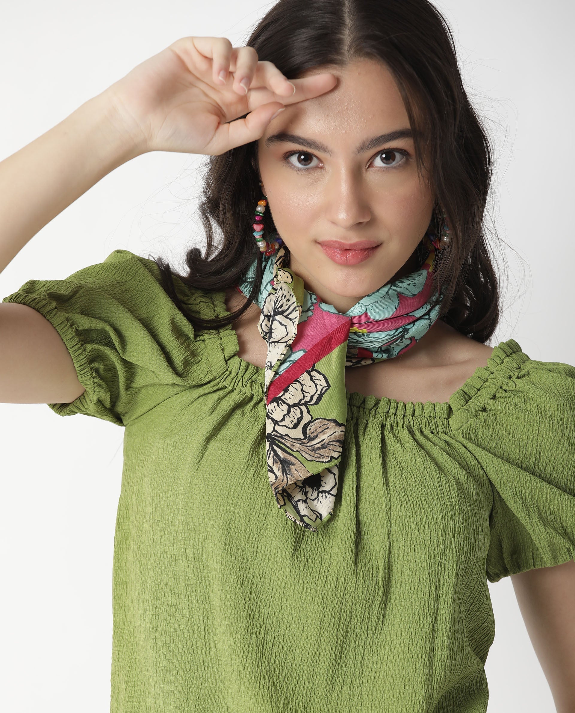 Rareism Women Swag Green Cotton Lycra Fabric Tailored Fit Square Neck Half Sleeves Solid Top