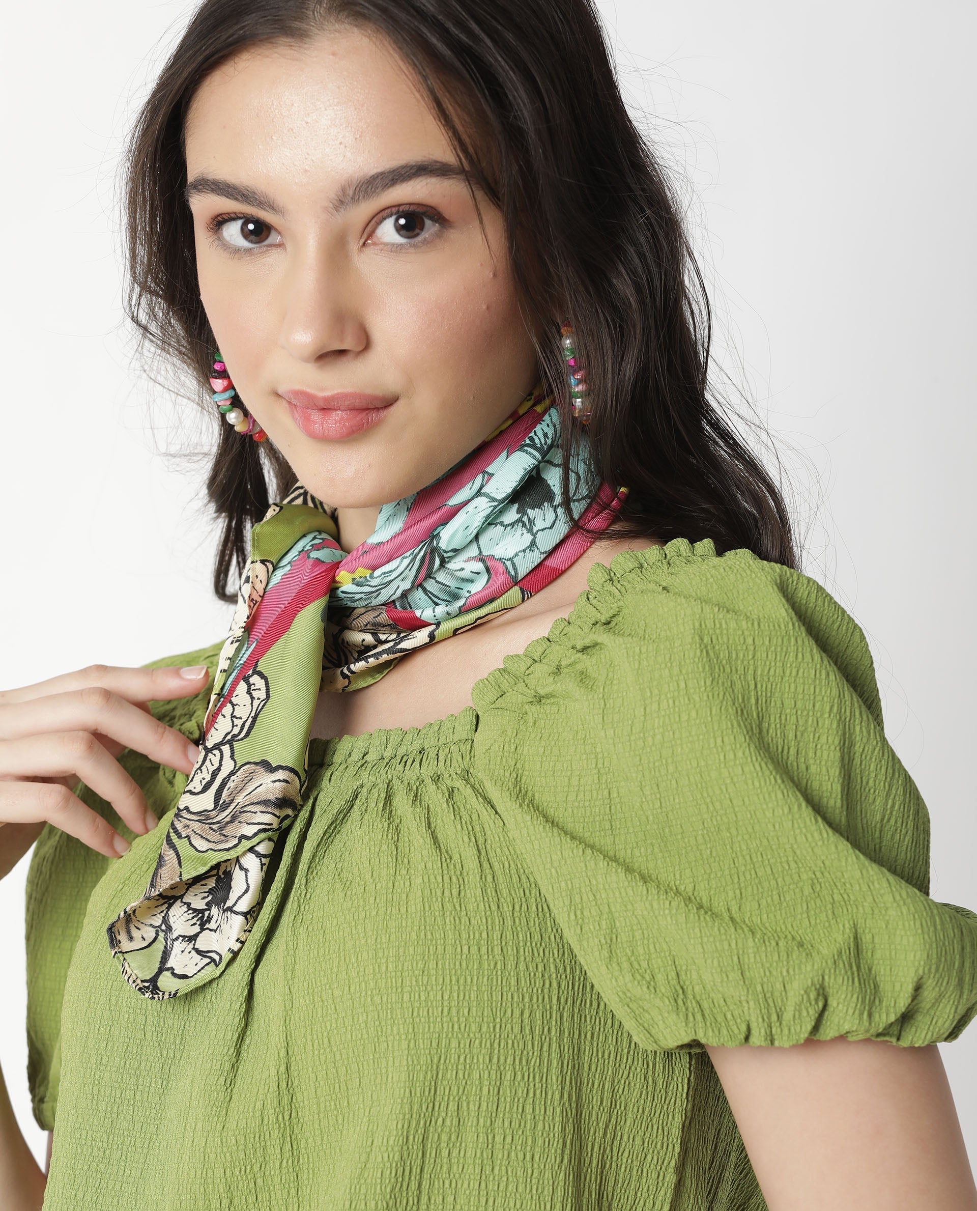 Rareism Women Swag Green Cotton Lycra Fabric Tailored Fit Square Neck Half Sleeves Solid Top