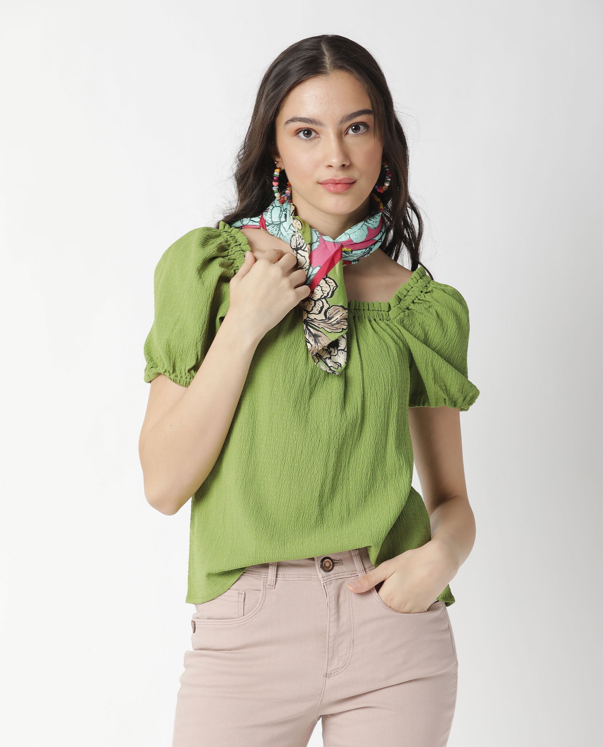 Rareism Women Swag Green Cotton Lycra Fabric Tailored Fit Square Neck Half Sleeves Solid Top