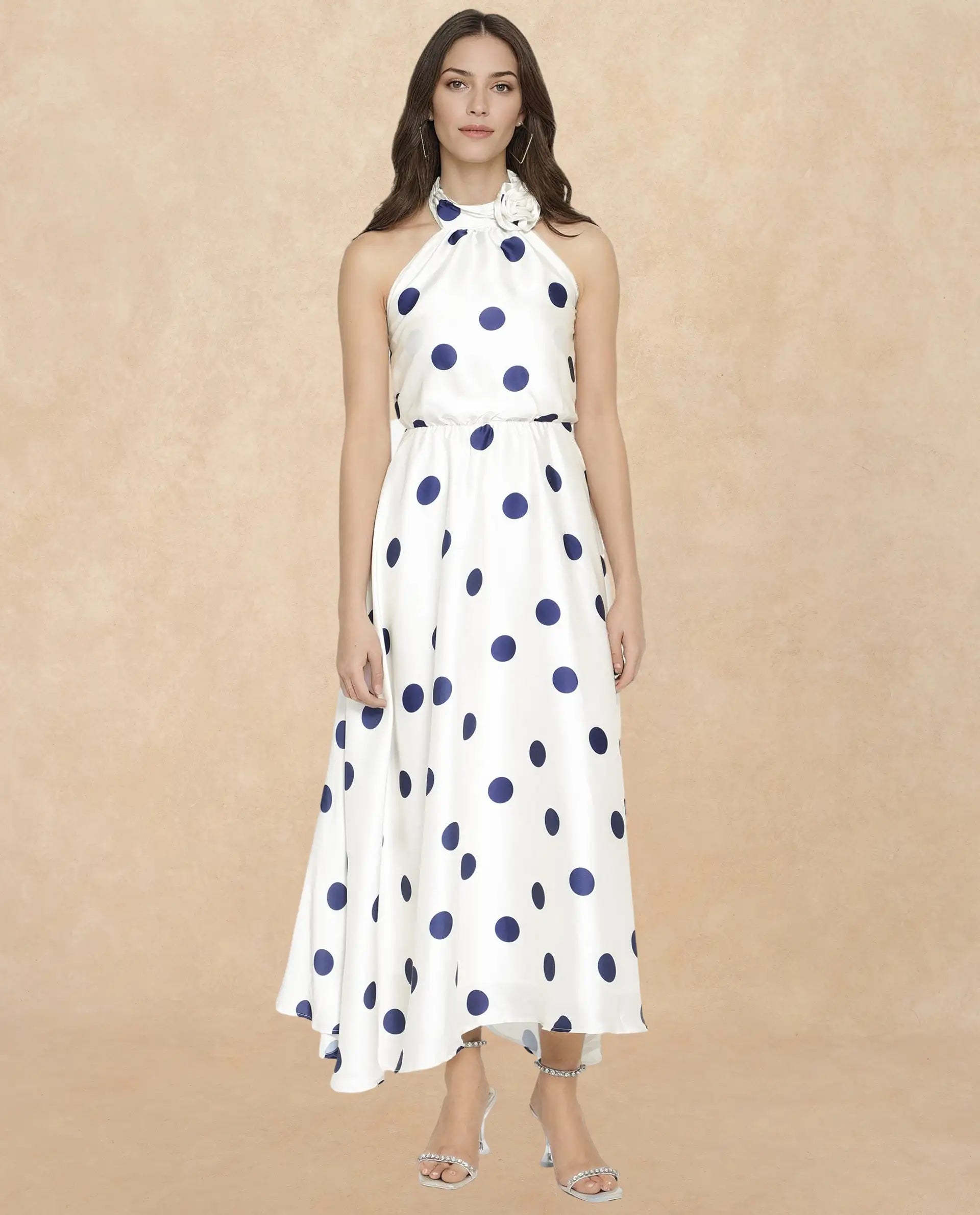 Rareism Women Sydrow White Polyester Fabric Sleeveless Collared Neck Longline Fit And Flare Polka Print Dress