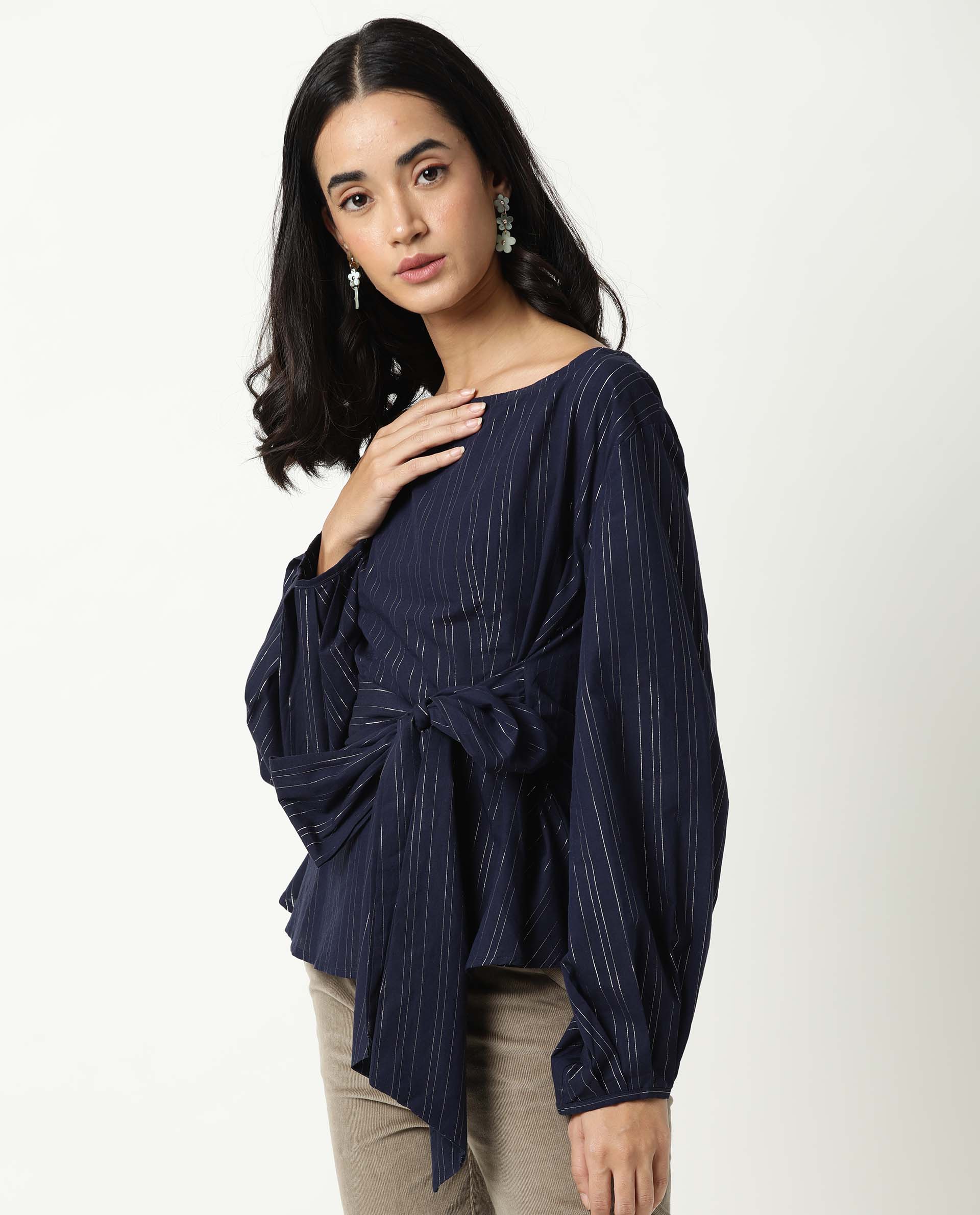 Rareism Women Tackle Navy  Regular Fit Boat Neck Full Sleeves Striped Top