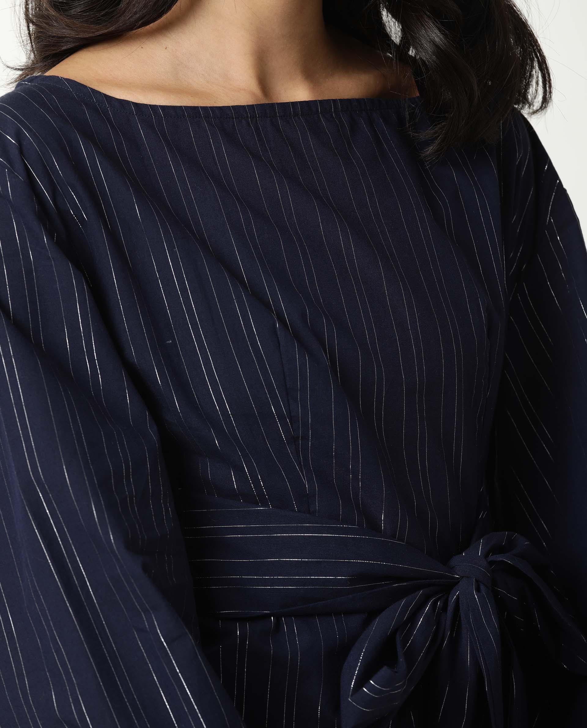 Rareism Women Tackle Navy  Regular Fit Boat Neck Full Sleeves Striped Top