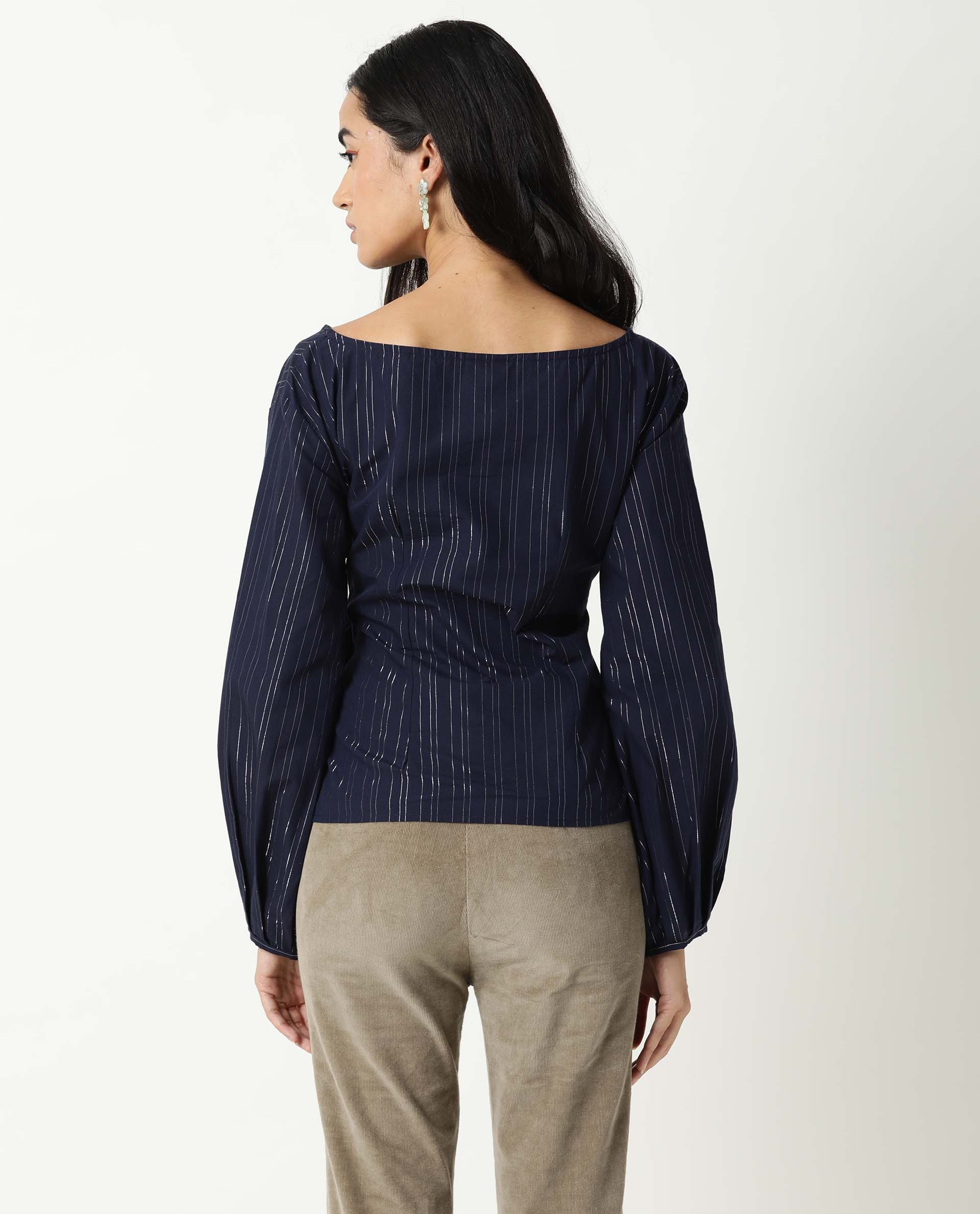 Rareism Women Tackle Navy  Regular Fit Boat Neck Full Sleeves Striped Top